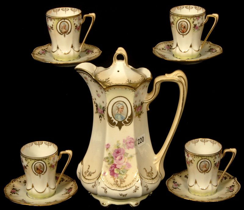 9 1/2" RSP MOLD #636 CHOCOLATE POT WITH FOUR MATCHING C: 9 1/2" RSP MOLD #636 CHOCOLATE POT WITH FOUR MATCHING CUPS AND SAUCERS WHITE AND CREAM TONES WITH PINK FLORAL DECOR - COLONIAL MEDALLION PORTRAITS