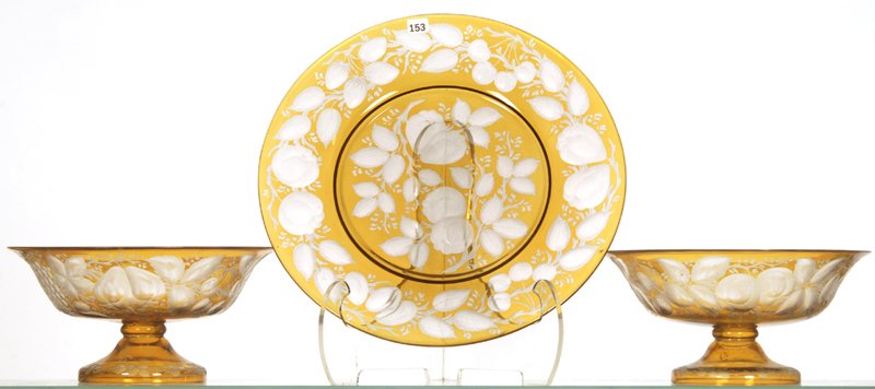 THREE PIECE AMERICAN BRILLIANT CUT GLASS AMBER CUT TO C: THREE PIECE AMERICAN BRILLIANT CUT GLASS AMBER CUT TO CLEAR SERVING SET 14 3/4" ROUND TRAY WITH PAIR OF 5 1/4" X 10 3/4" PEDESTAL COMPOTES - ENGRAVED MULTI FRUIT BRANCH DECOR - ATTRIBUTED TO PAIRPOINT