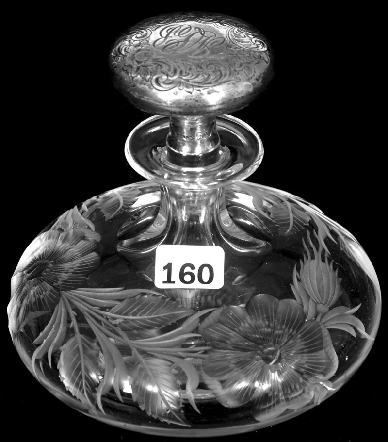 5" AMERICAN BRILLIANT CUT GLASS SQUAT SHAPED COLOGNE BO: 5" AMERICAN BRILLIANT CUT GLASS SQUAT SHAPED COLOGNE BOTTLE ENGRAVED WILD ROSE PATTERN W/ PATTERN CUT BASE - ENGRAVED STERLING STOPPER W/ MONOGRAM