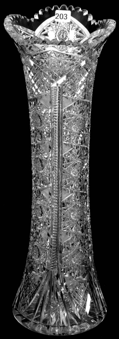 18 1/4" AMERICAN BRILLIANT CUT GLASS CORSET SHAPED VASE: 18 1/4" AMERICAN BRILLIANT CUT GLASS CORSET SHAPED VASE HOBSTAR, STRAWBERRY DIAMOND, CROSSCUT DIAMOND, ZIPPER AND FAN MOTIF