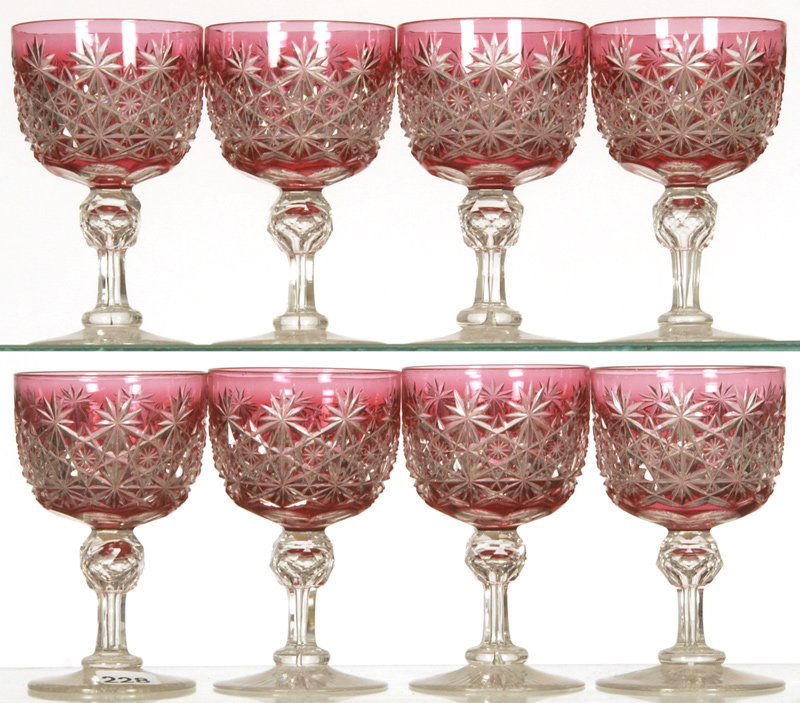 (8) 4 1/2" AMERICAN BRILLIANT CUT GLASS CRANBERRY TO CL: (8) 4 1/2" AMERICAN BRILLIANT CUT GLASS CRANBERRY TO CLEAR WINE GLASSES RUSSIAN PATTERN WITH STAR CUT BUTTONS - NICE SET