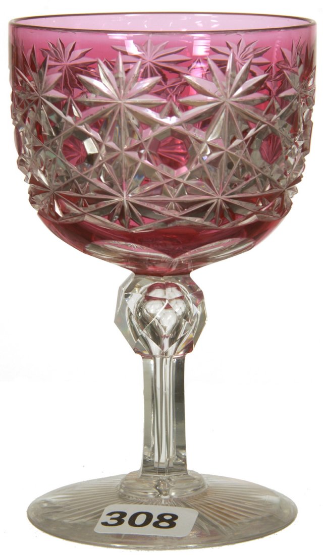 4 1/2" BRILLIANT CUT GLASS CRANBERRY CUT TO CLEAR WINE: 4 1/2" BRILLIANT CUT GLASS CRANBERRY CUT TO CLEAR WINE GLASS RUSSIAN PATTERN W/ CLEAR BUTTONS - RAY BASE