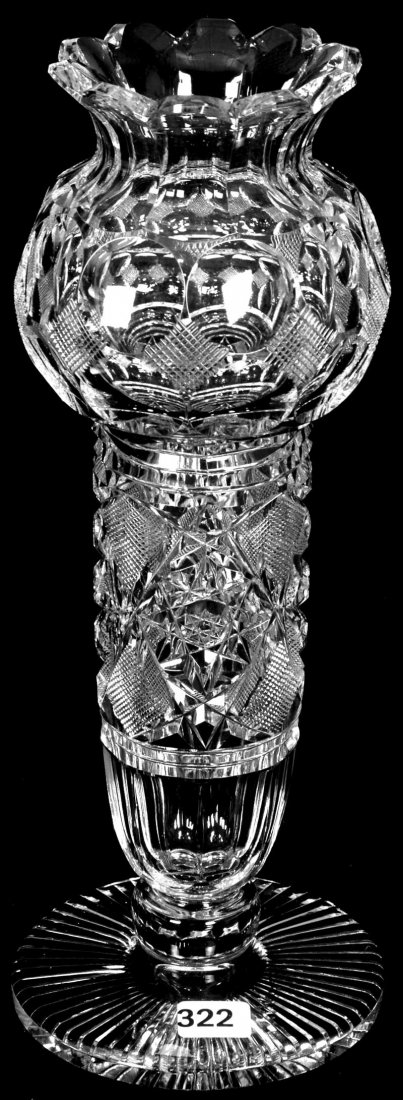 12" SIGNED HAWKES AMERICAN BRILLIANT CUT GLASS ODD TULI: 12" SIGNED HAWKES AMERICAN BRILLIANT CUT GLASS ODD TULIP SHAPED VASE FRANKLIN PATTERN AS FEATURED IN COMPLETE CUT & ENGRAVED GLASS OF CORNING BY FARRAR & SPILLMAN PAGE 85, NO 236