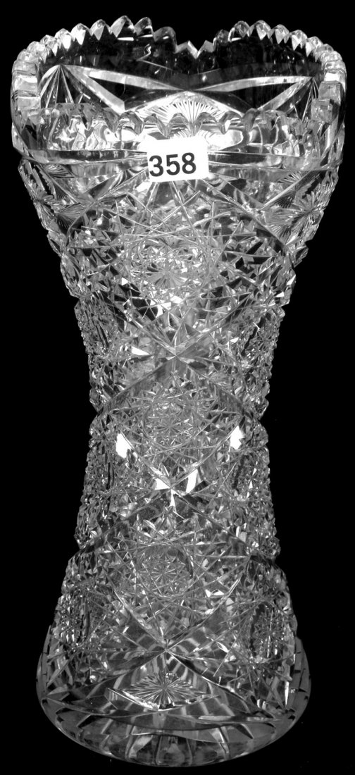 11 1/2" AMERICAN BRILLIANT CUT GLASS CORSET SHAPED VASE: 11 1/2" AMERICAN BRILLIANT CUT GLASS CORSET SHAPED VASE HOBSTAR AND STAR MOTIF