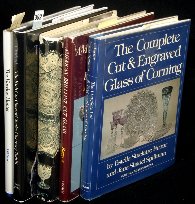 (5) CUT GLASS BOOKS: (5) CUT GLASS BOOKS (1) THE COMPLETE CUT & ENGRAVED GLASS OF CORNING BY FARRAR & SPILLMAN; (1) AMERICAN BRILLIANT CUT GLASS BY BOGGESS; (1) AMERICAN CUT AND ENGRAVED GLASS BY REVI; (1) THE RICH CUT GL