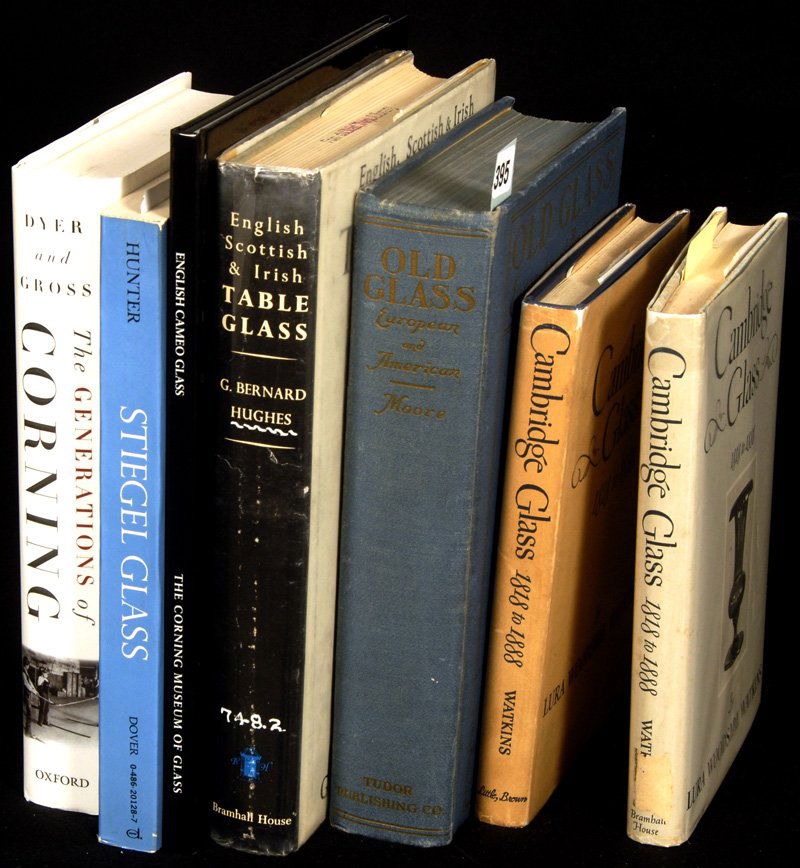 (7) GLASS BOOKS: (7) GLASS BOOKS (2) CAMBRIDGE GLASS BY WATKINS; (1) OLD GLASS EUROPEAN AND AMERICAN BY MOORE; (1) ENGLISH, SCOTTISH & IRISH TABLE GLASS BY HUGHES; (1) ENGLISH CAMEO GLASS IN THE CORNING MUSEUM OF GLAS