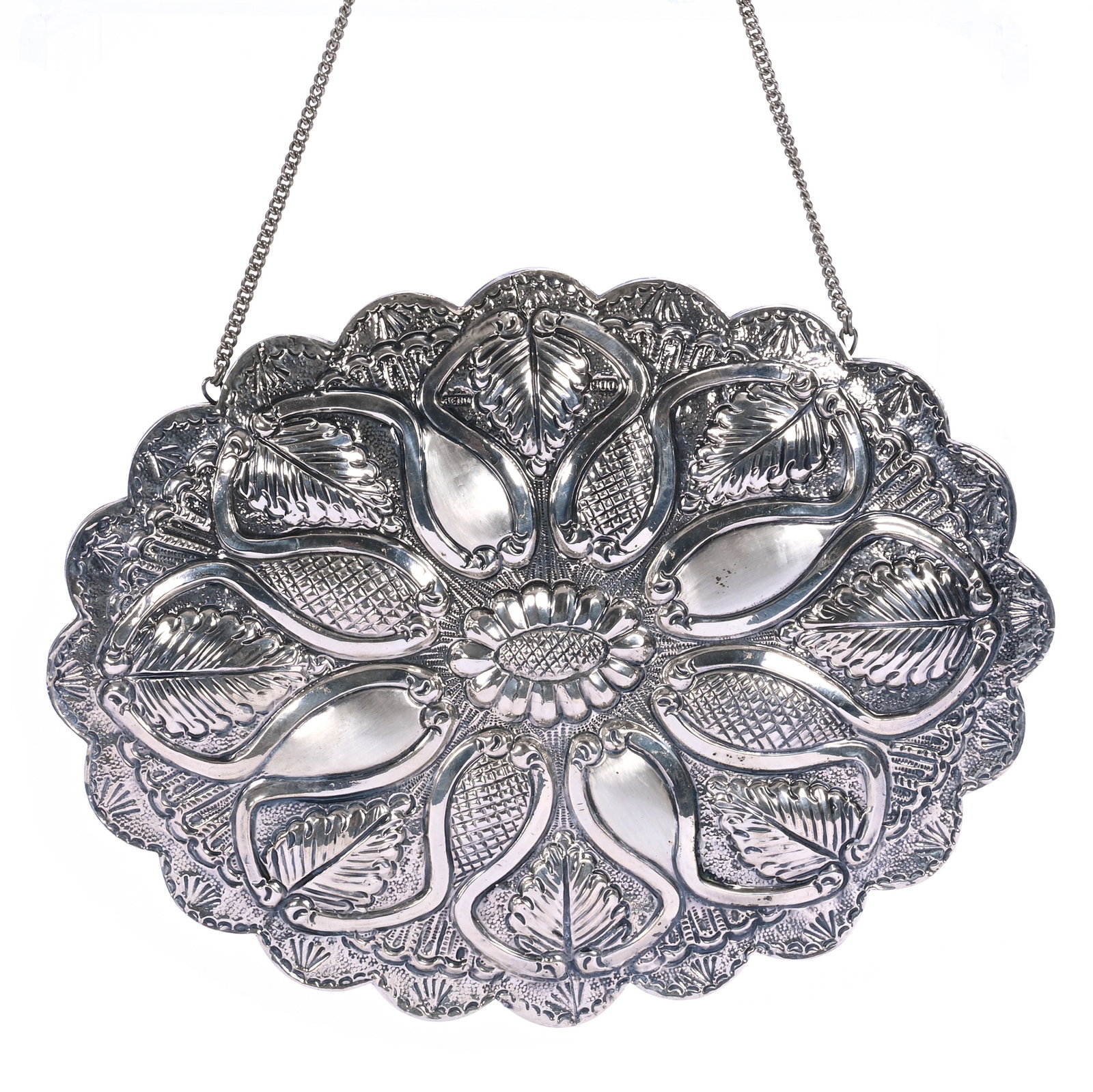 Turkish Oval Hanging Wedding Mirror, Marked Bedo 900 Silver: Turkish Oval Hanging Wedding Mirror, Marked Bedo 900 Silver, 6.25 x 8.25 x 0.75 Inches, Elaborate Embossed Design, 1.3 Pounds, Grady and Annette Hite Collection, North Carolina. Effective 6/6/26, All