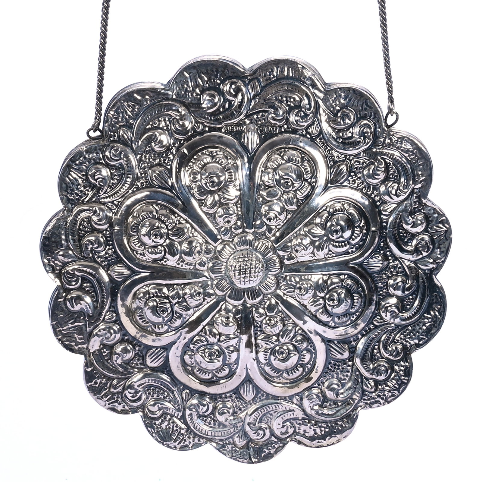 Turkish Round Hanging Wedding Mirror, Marked Bedo 900 Silver: Turkish Round Hanging Wedding Mirror, Marked Bedo 900 Silver, 4.75 x 4.75 x 0.75 Inches, Elaborate Embossed Floral And Scroll Design, 0.7 Pounds, Grady and Annette Hite Collection, North Carolina.