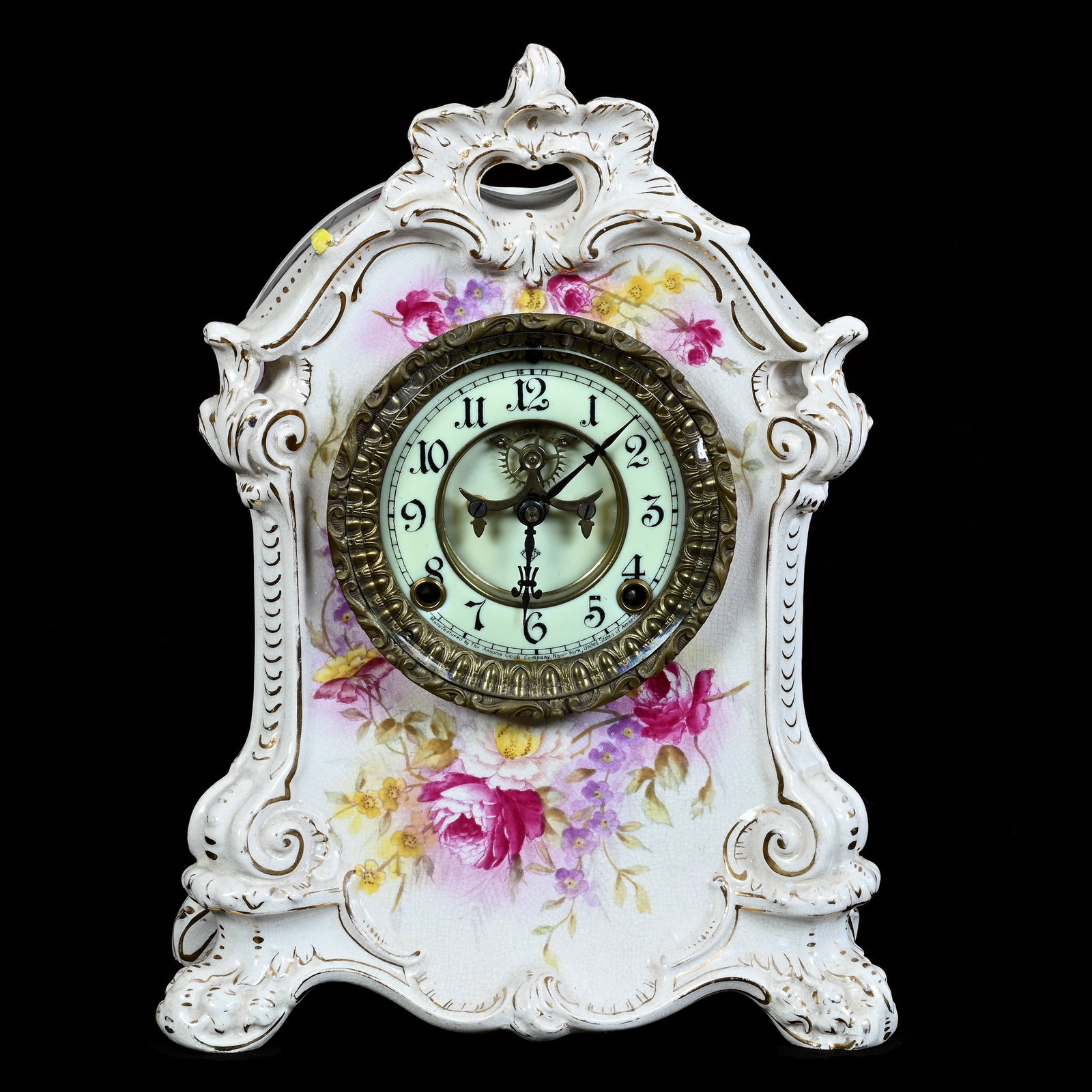 Mantel Clock, Unmarked Royal Bonn Style: Mantel Clock, Unmarked Royal Bonn Style, 13.25 x 10 x 5 Inches, Ansonia Clockworks, White With Pink And Lavender Floral Decor, One Point Repair, 9.7 Pounds, Grady and Annette Hite Collection, North