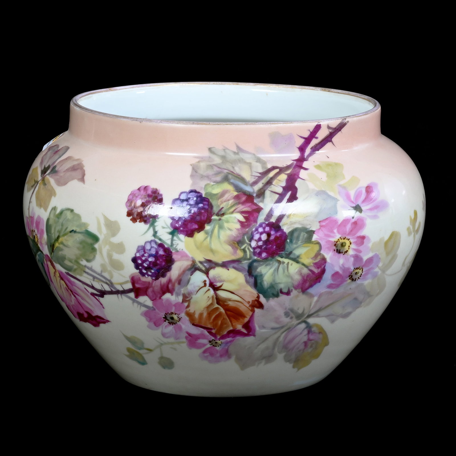 Jardiniere, Marked Limoges: Jardiniere, Marked Limoges, 7.25 x 10.25 x 10.25 Inches, Hand Painted Berry And Blossom Decor, 4.3 Pounds, Grady and Annette Hite Collection, North Carolina. Effective 6/6/26, All LiveAuctioneers