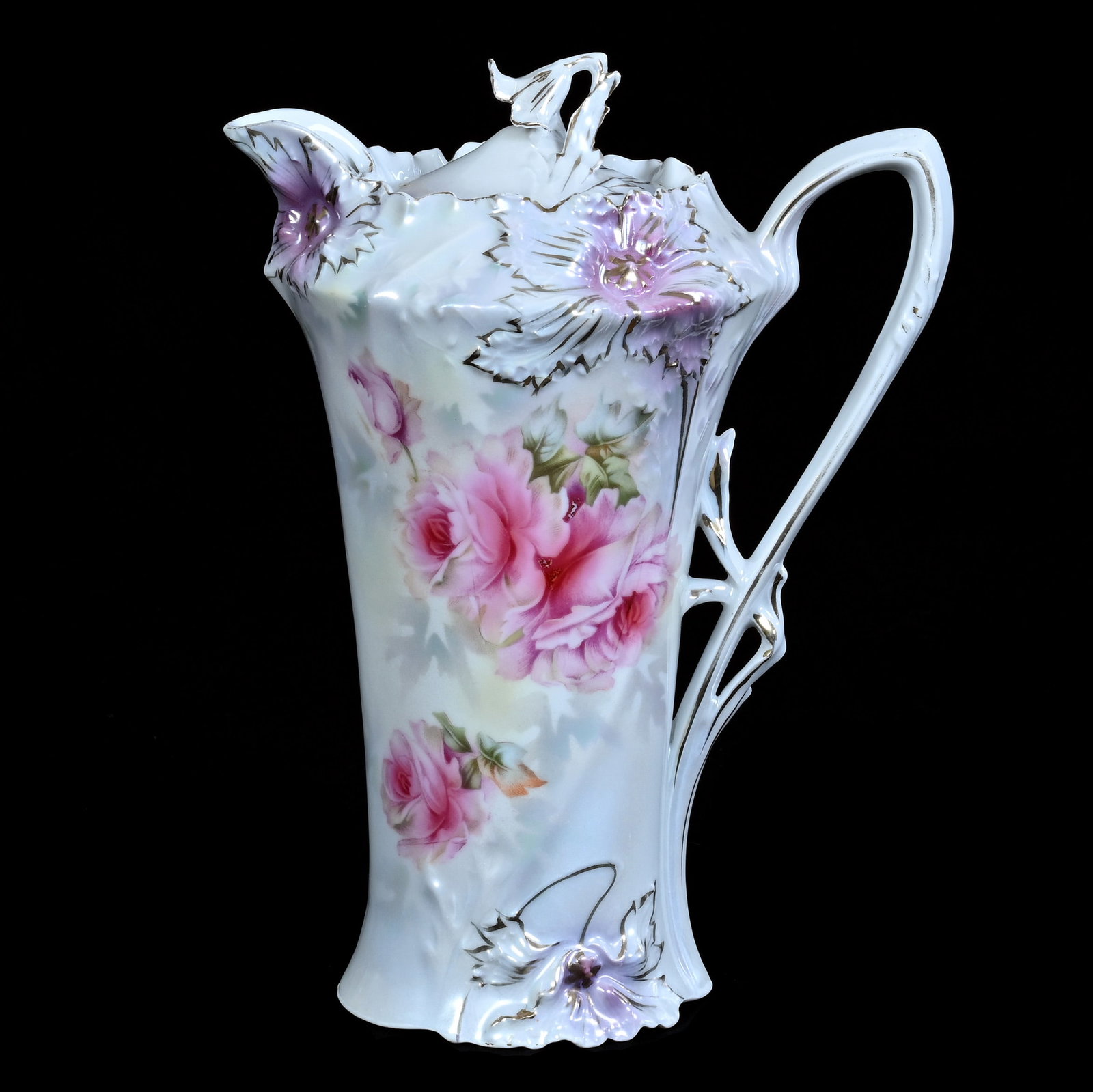 Chocolate Pot, Marked R.S. Prussia, Carnation Mold: Chocolate Pot, Marked R.S. Prussia, Carnation Mold, 9.75 x 7.5 x 5.25 Inches, White And Lavender Satin Finish With Pink Rose Decor, Lid Has Faint Hairline, 1.5 Pounds, Grady and Annette Hite