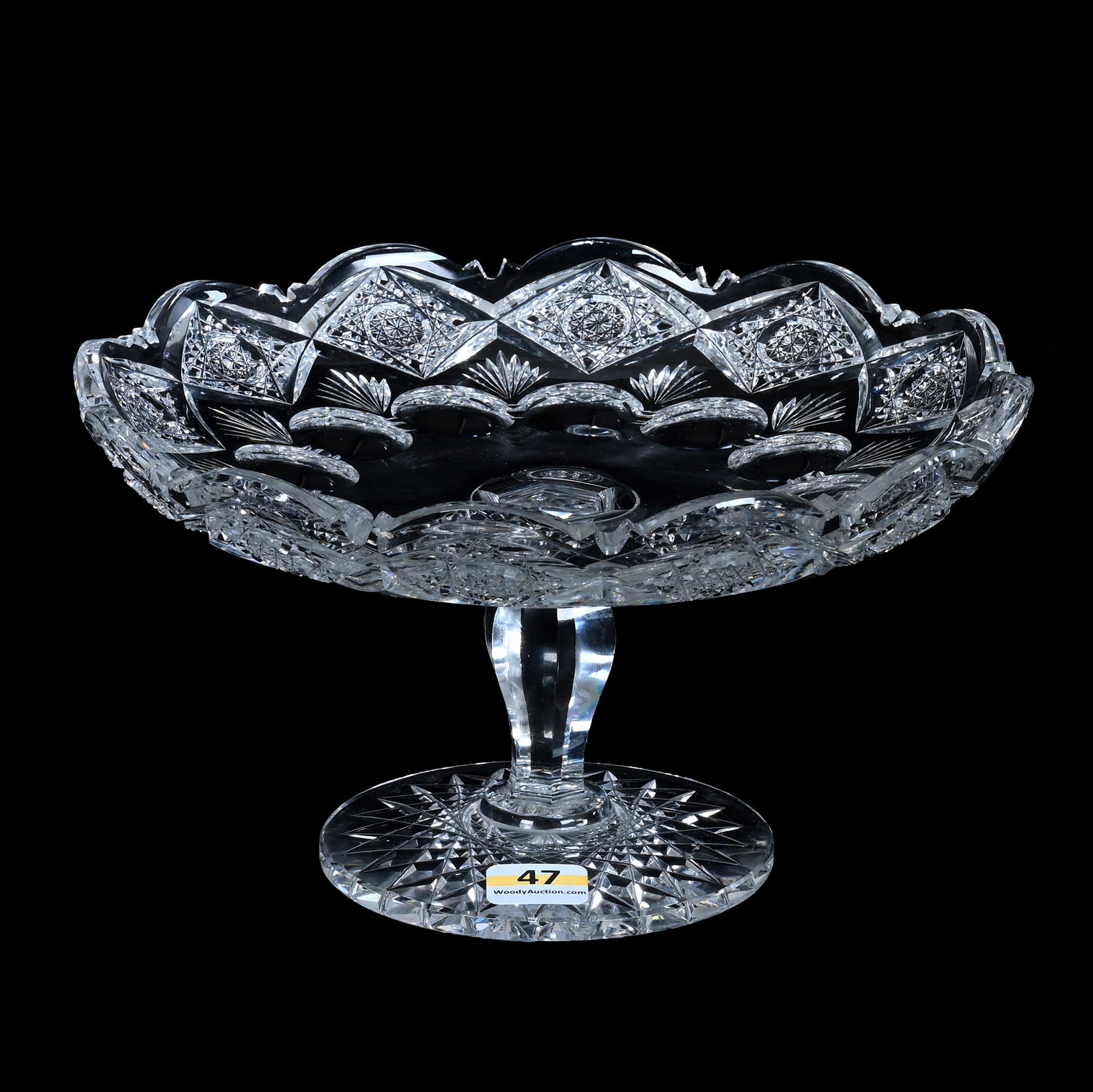 Pedestal Pastry Tray, American Brilliant Cut Glass, Signed Sinclaire, Bengal Pattern: Pedestal Pastry Tray, American Brilliant Cut Glass, Signed Sinclaire, Bengal Pattern, 4.5 x 8.25 x 8.25 Inches, Hobstar Foot, One Point With Slanted Chip, 2.8 Pounds, Grady and Annette Hite