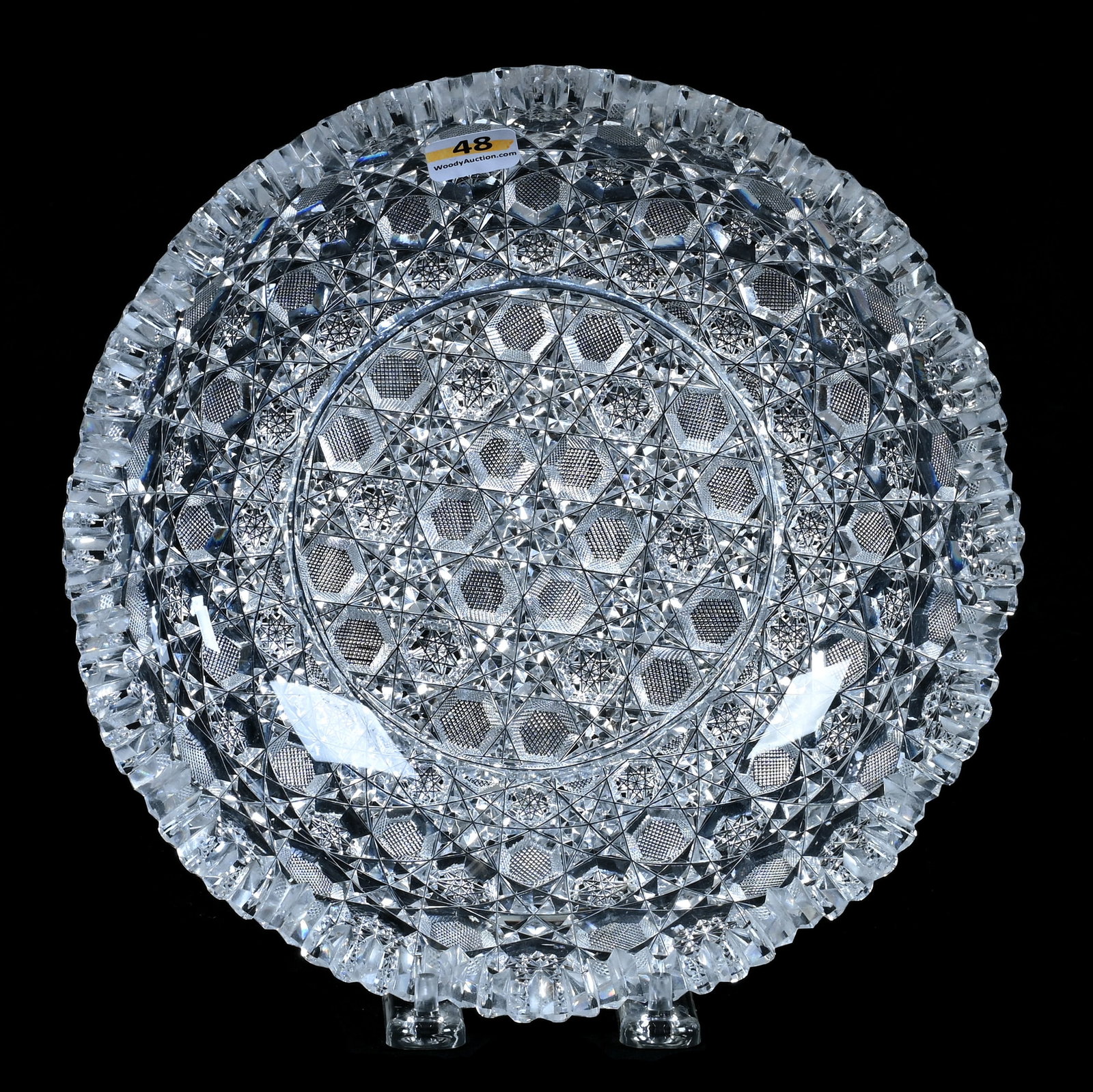 Bowl, American Brilliant Cut Glass: Bowl, American Brilliant Cut Glass, 9 x 9 x 2 Inches, Fully Cut Modified Harvard Pattern, One Tooth With Small Bruise, 3.9 Pounds, Grady and Annette Hite Collection, North Carolina. Effective 6/6/26, 