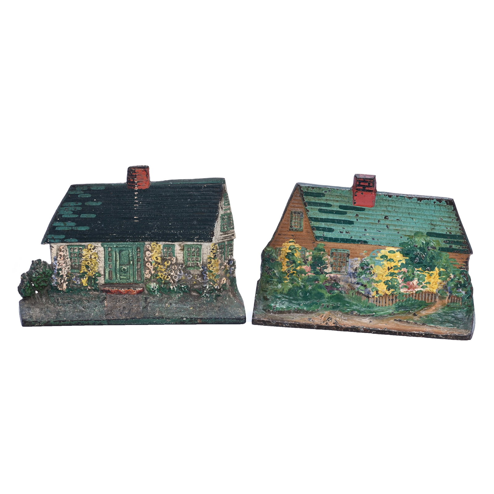 (2) Figural Cottage Cast Iron Doorstops: (2) Figural Cottage Cast Iron Doorstops, 6 x 8.5 x 2 Inches, (1) Marked Eastern Specialty Manufacturing, (1) Model # 124, Both Have Original Paint, 10.5 Pounds, Grady and Annette Hite Collection,