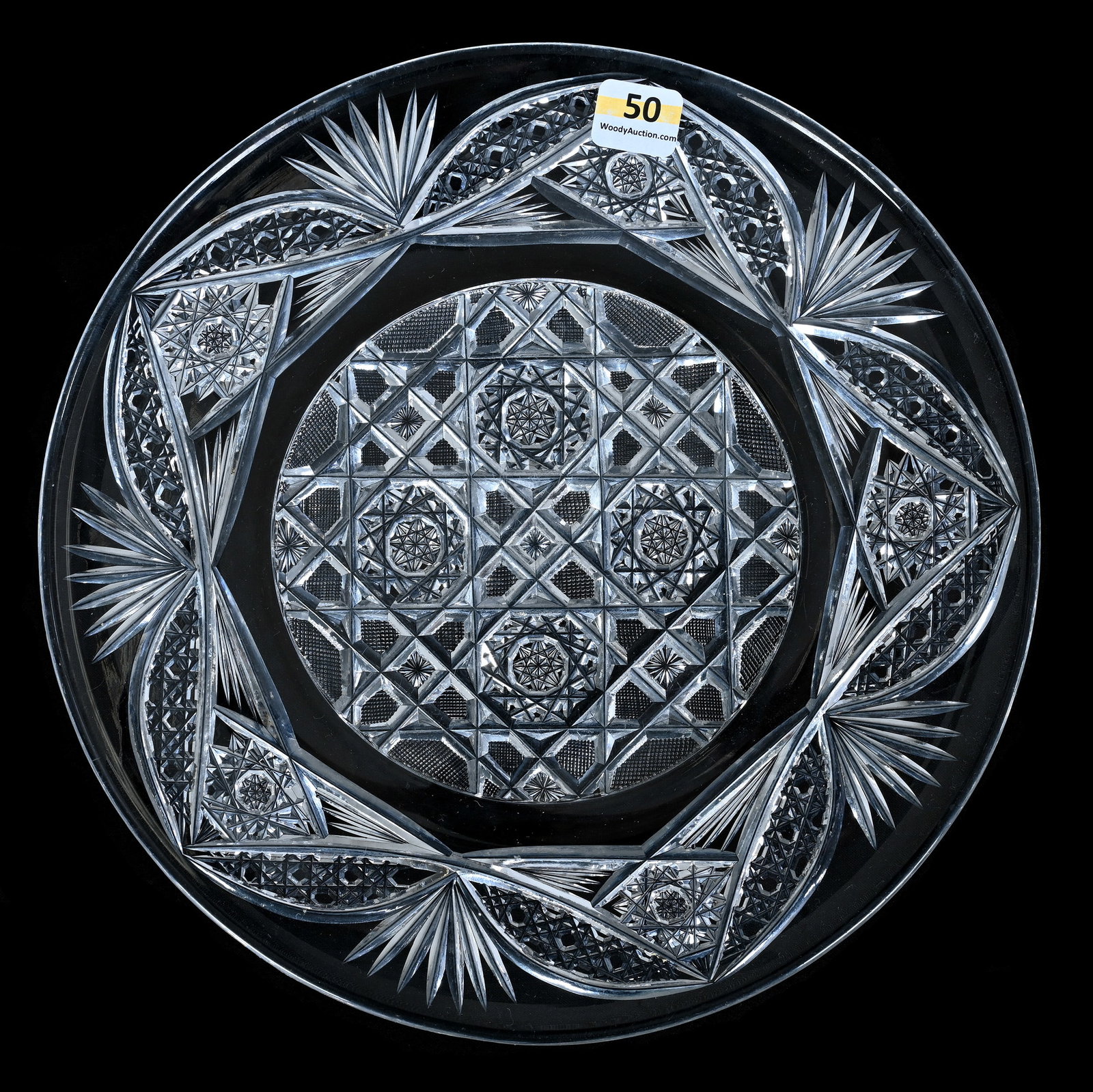 Sandwich Plate, American Brilliant Cut Glass: Sandwich Plate, American Brilliant Cut Glass, 10.25 x 10.25 x 0.75 Inches, Hobstar, Vesica, Crosscutting, Cane, And Fan Motif, Wafer Base, 2.8 Pounds, Grady and Annette Hite Collection, North Carolina