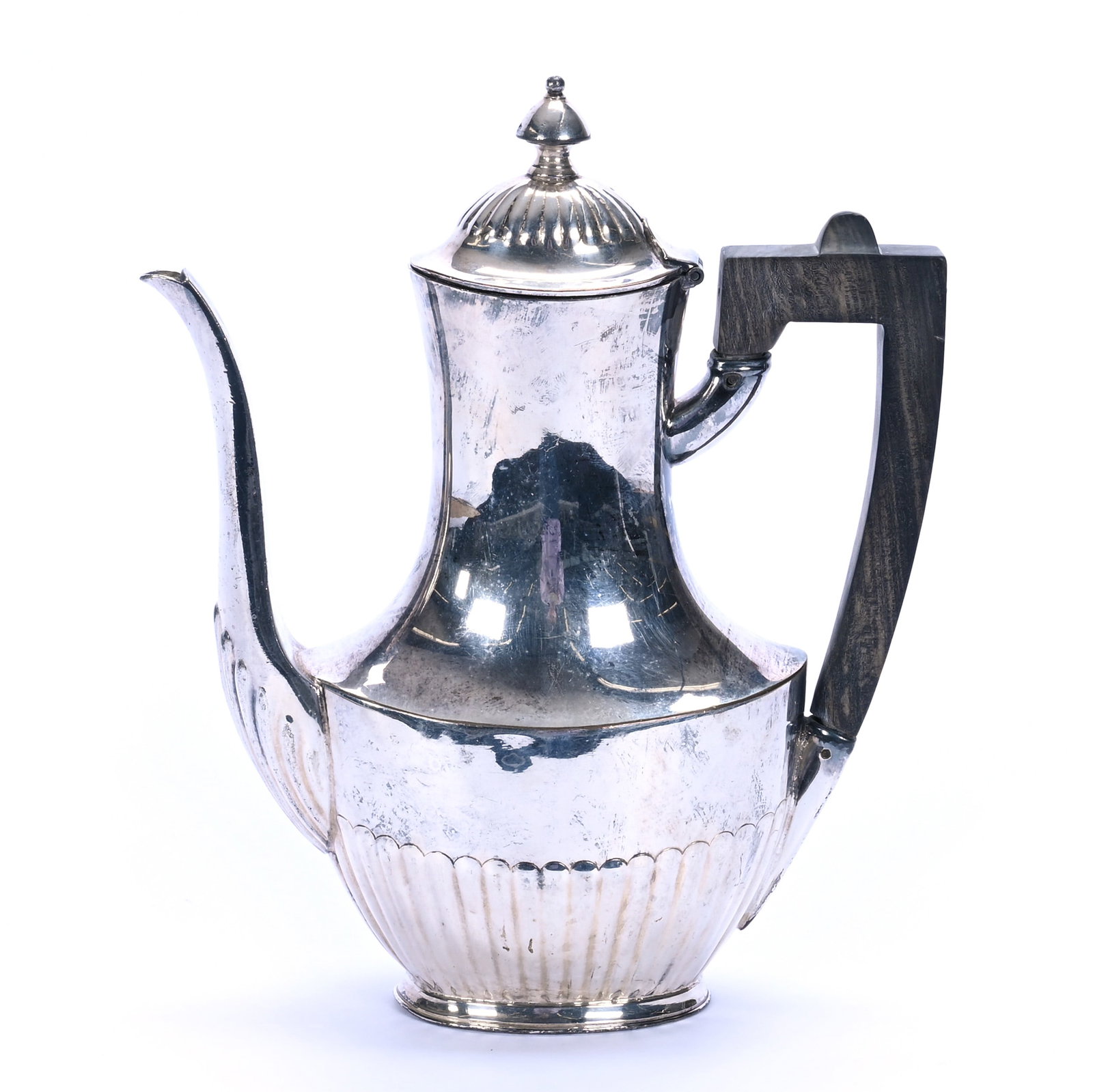 Demitasse Pot, Marked Sheffield Silver On Copper, #87: Demitasse Pot, Marked Sheffield Silver On Copper, #87, 8 x 7 x 3 Inches, Ebony Wood Handle, 1 Pound, Grady and Annette Hite Collection, North Carolina. Effective 6/6/26, All LiveAuctioneers Invoices