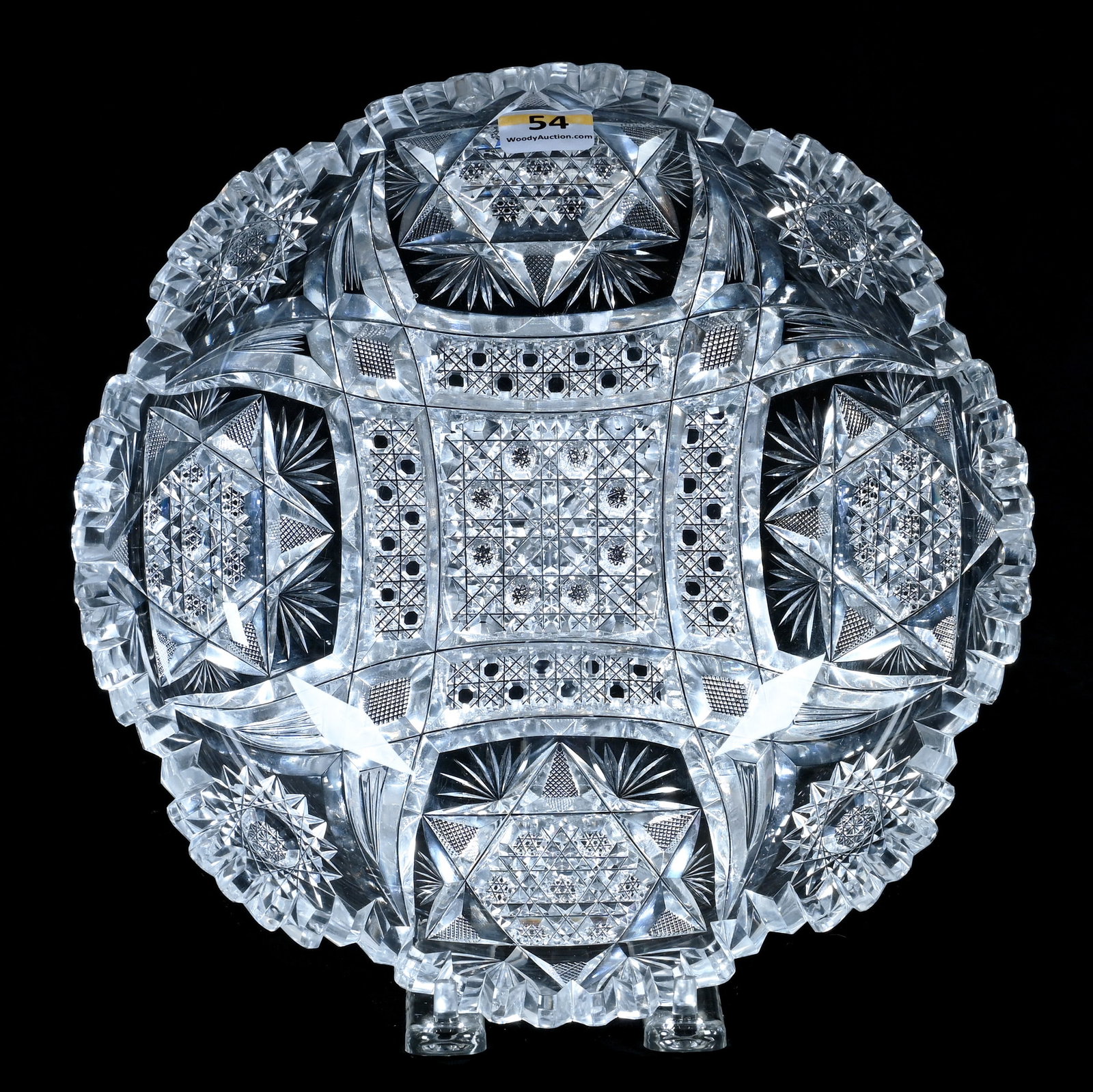 Bowl, American Brilliant Cut Glass: Bowl, American Brilliant Cut Glass, 9 x 9 x 2.5 Inches, Four Sections Of Hobstar, Flashed Hobstar, Cane, Vesica, And Fan Motif, 2.7 Pounds, Grady and Annette Hite Collection, North Carolina. Effective