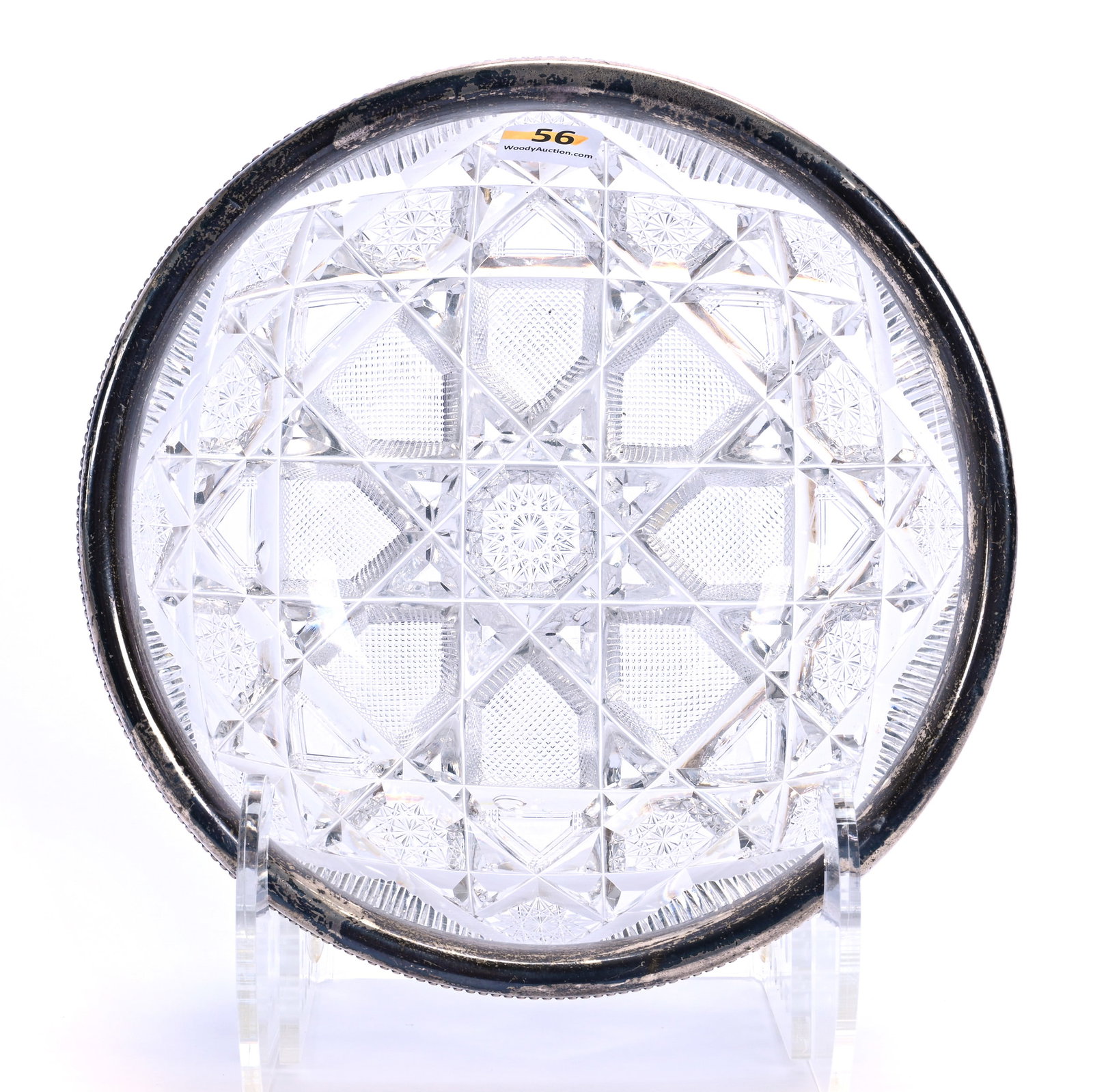 Bowl, American Brilliant Cut Glass, Sterling Silver Rim Marked Gorham S2085: Bowl, American Brilliant Cut Glass, Sterling Silver Rim Marked Gorham S2085, 8 x 8 x 3 Inches, Hobstar, Crosscutting, And Miter Motif, Minor Pattern Nicks, 3 Pounds, Grady and Annette Hite