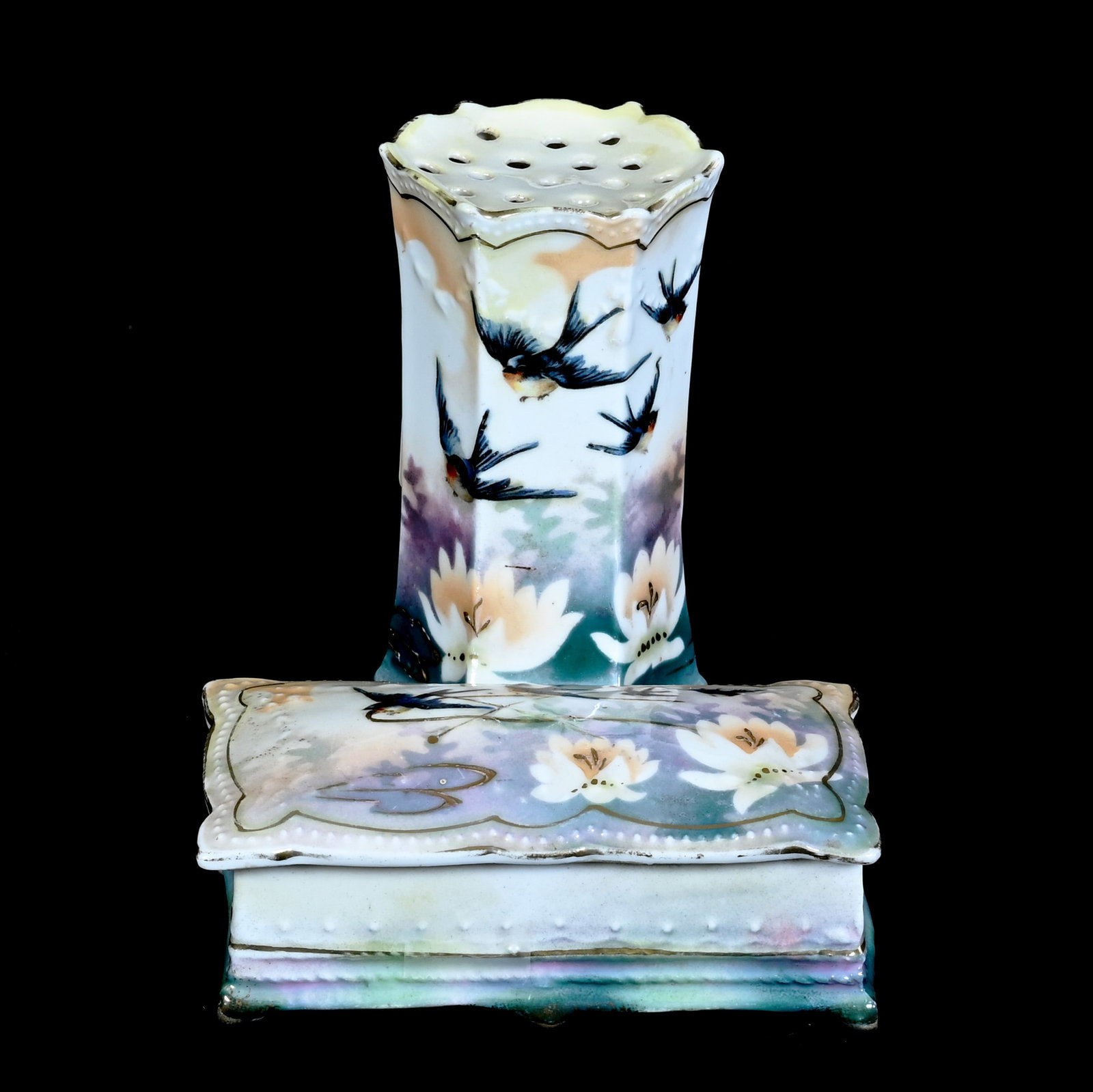 Hatpin Holder With Attached Pin Dish, Marked R.S. Prussia: Hatpin Holder With Attached Pin Dish, Marked R.S. Prussia, 4.25 x 4.5 x 4 Inches, White And Green Luster Finish With Bluebird And Water Lily Decor, 0.6 Pounds, Grady and Annette Hite Collection,