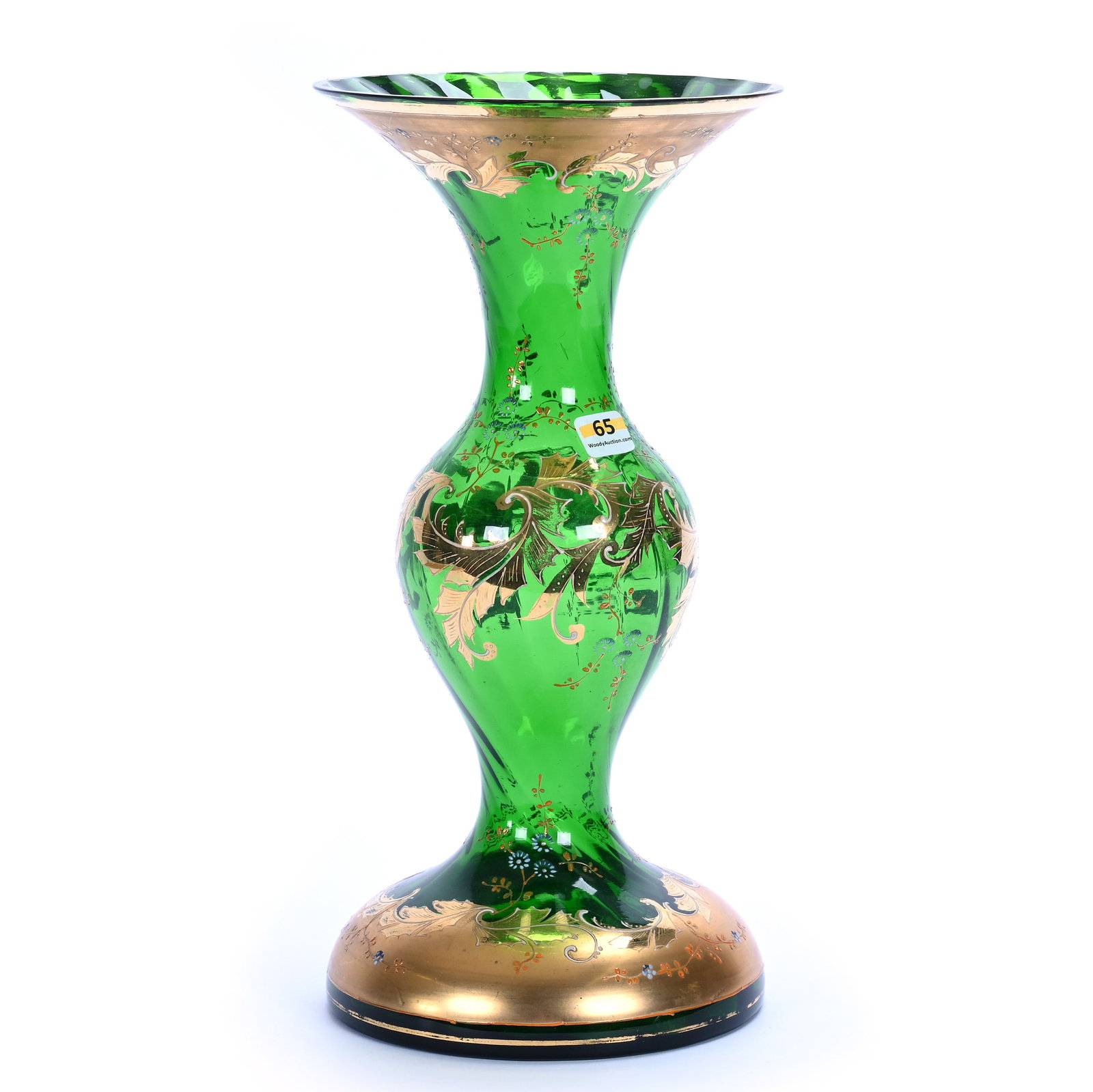 Vase, Green Bohemian Art Glass: Vase, Green Bohemian Art Glass, 14 x 7 x 7 Inches, Heavy Gold And Blue Enamel Floral Highlights, 3.2 Pounds, Grady and Annette Hite Collection, North Carolina. Effective 6/6/26, All LiveAuctioneers