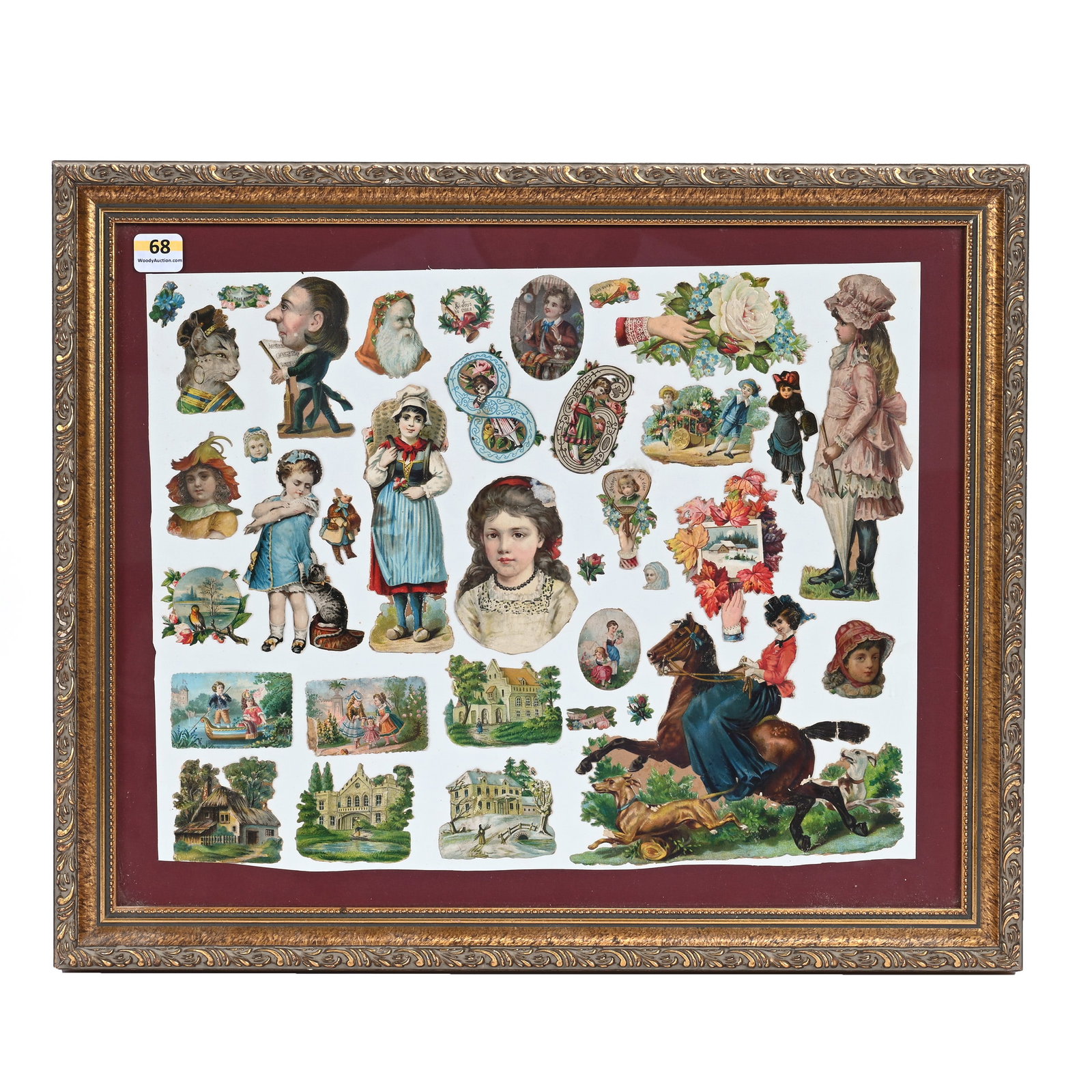 Framed Vintage Cutouts: Framed Vintage Cutouts, 14.5 x 17.5 x 1.25 Inches, (36) Individual Cutouts, Some Edge Damage, Attractive Grouping, Modern Frame, 2.9 Pounds, Grady and Annette Hite Collection, North Carolina. Effectiv