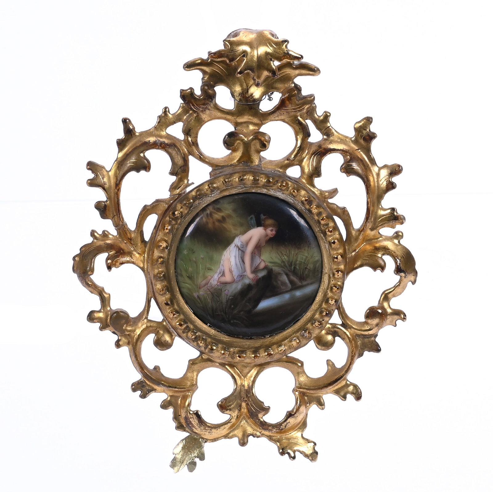 Framed Porcelain: Framed Porcelain, 7 x 5.5 x 1.25 Inches, 2.25" Round German Porcelain Featuring Nymph At Waters Edge, Fancy Gilt Wooden Frame, Corner Repair At Bottom Of Frame, 0.1 Pounds, Grady and Annette Hite Coll