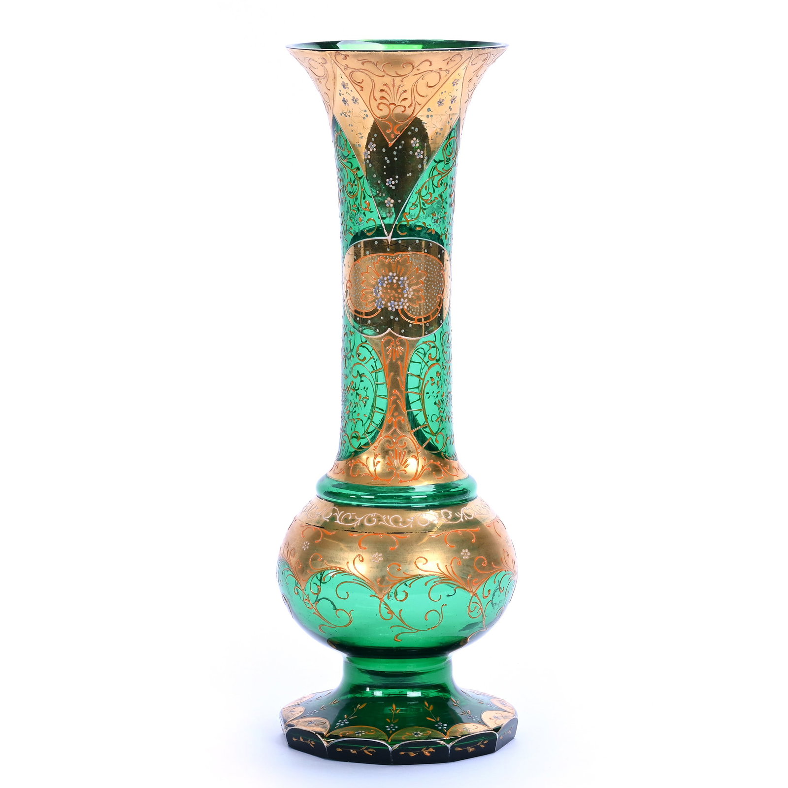 Pedestal Vase, Signed Moser: Pedestal Vase, Signed Moser, 14 x 4.75 x 4.75 Inches, Green Art Glass With Heavy Gold, Orange And White Enamel Overlay, 1.8 Pounds, Grady and Annette Hite Collection, North Carolina. Effective 6/6/26,