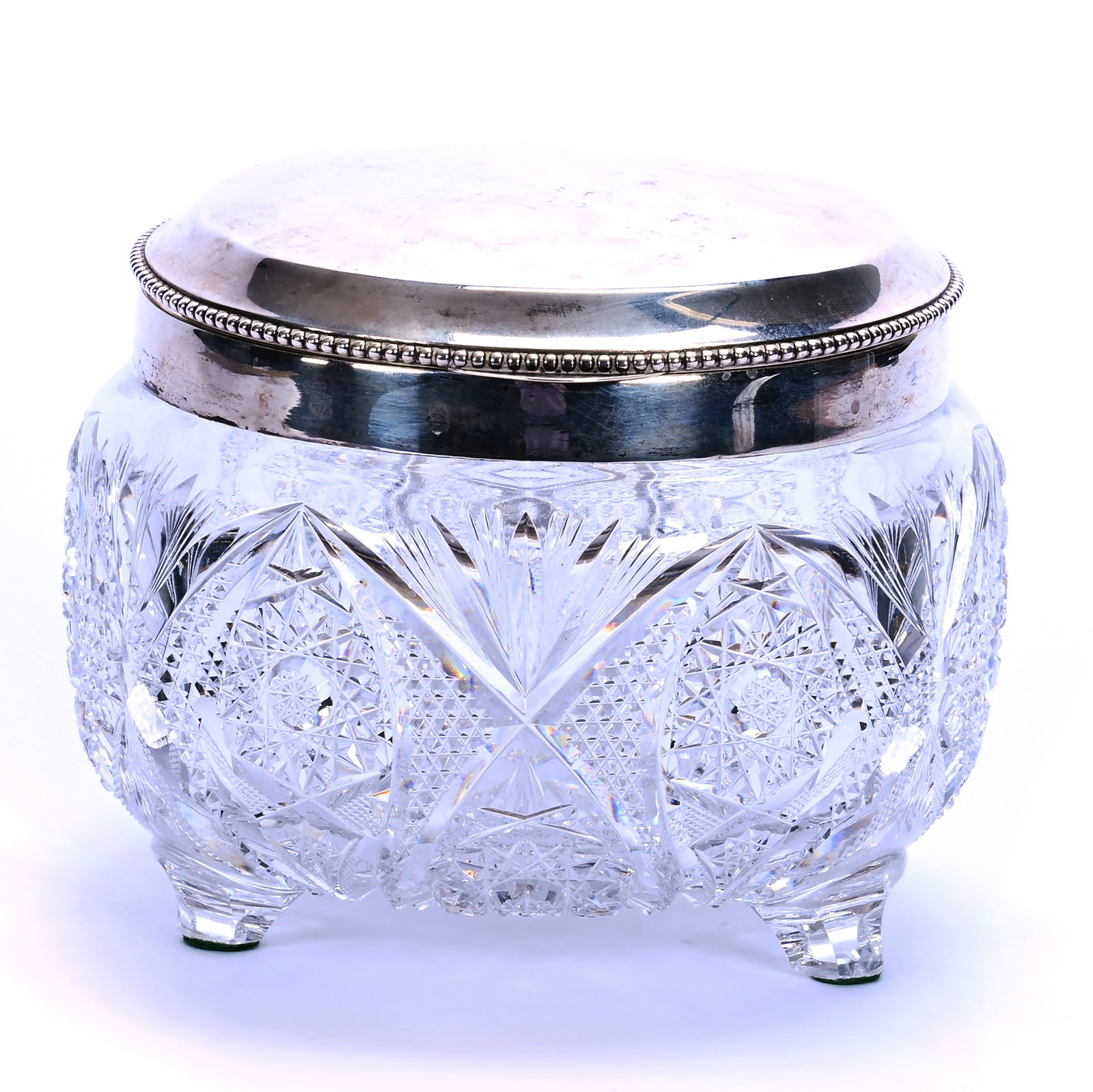 Footed Covered Dresser Box, American Brilliant Cut Glass: Footed Covered Dresser Box, American Brilliant Cut Glass, 5.5 x 6.5 x 6.5 Inches, Hobstar, Vesica, Crosscutting, Nailhead Diamond, And Fan Motif, Sterling Silver Lid, Hinge Has Repair And Will Need Ad