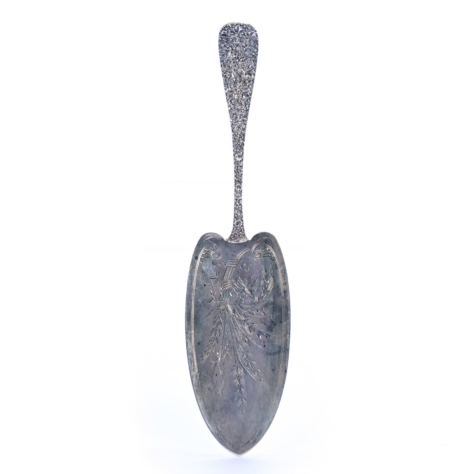 Cake Server, Solid Sterling Silver Marked Black, Starr, & Frost: Cake Server, Solid Sterling Silver Marked Black, Starr, & Frost, 11 x 2.5 x 1 Inches, Elaborate Floral Repousse, Monogram On Backside Of Handle, Dated 1884, 125 Grams, Grady and Annette Hite