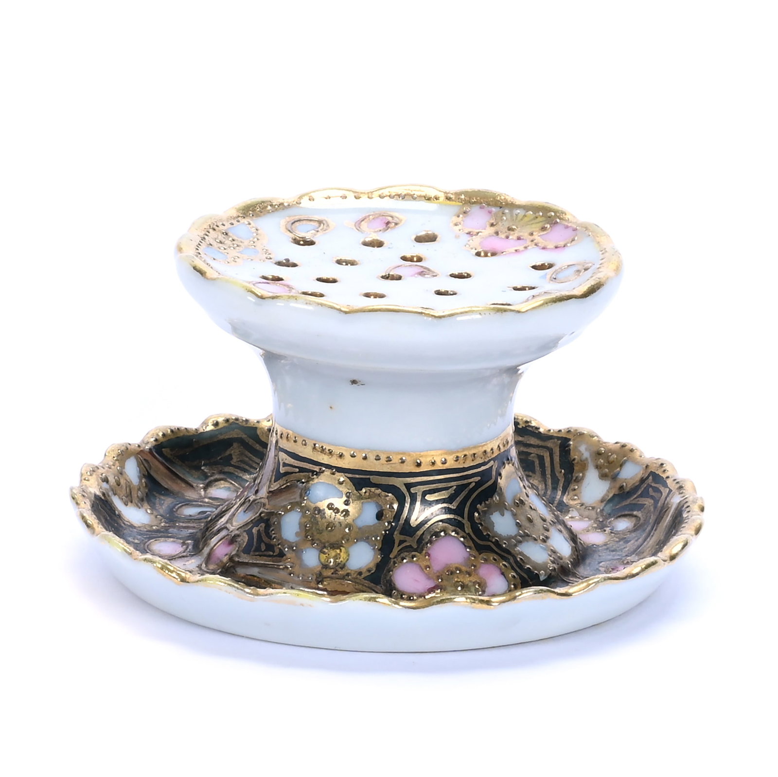 Small Hatpin Holder, Marked Nippon: Small Hatpin Holder, Marked Nippon, 1.5 x 3 x 3 Inches, White With Black, Pink, And Gold Highlights, 0.1 Pounds, Grady and Annette Hite Collection, North Carolina. Effective 6/6/26, All
