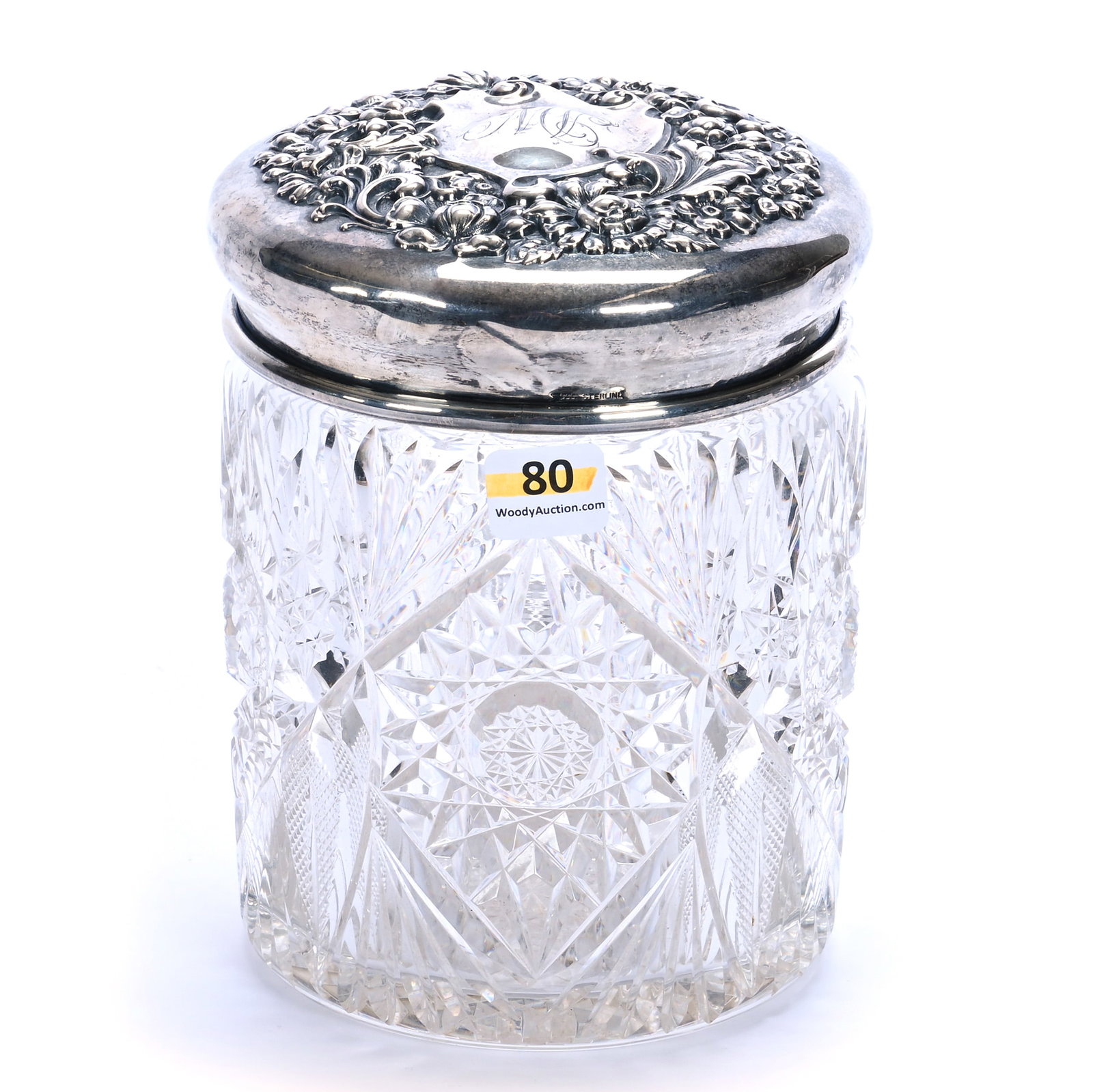Humidor, American Brilliant Cut Glass: Humidor, American Brilliant Cut Glass, 6.5 x 5 x 5 Inches, Hobstar, Vesica, Crosscutting, And Fan Motif, Hobstar Cut Base, Sterling Embossed Lid Marked Stone Sterling Silver Company, 3.4 Pounds,