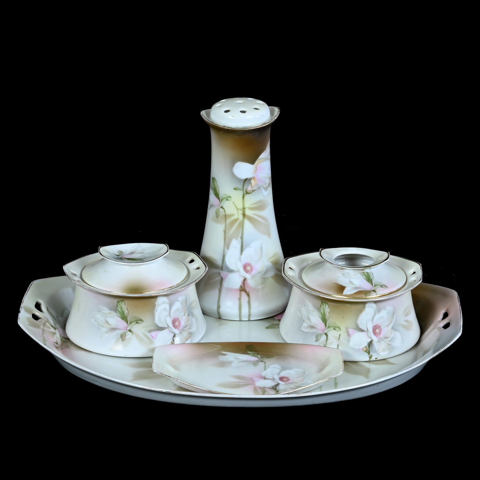 (5) Piece Vanity Set, Marked R.S. Germany: (5) Piece Vanity Set, Marked R.S. Germany, 6.25 x 12.25 x 9 Inches, Cream, Brown, Yellow, And Pink Tones With White Floral Blossom Decor, Set Includes Dresser Tray, Hatpin Holder, Powder Box, Hair