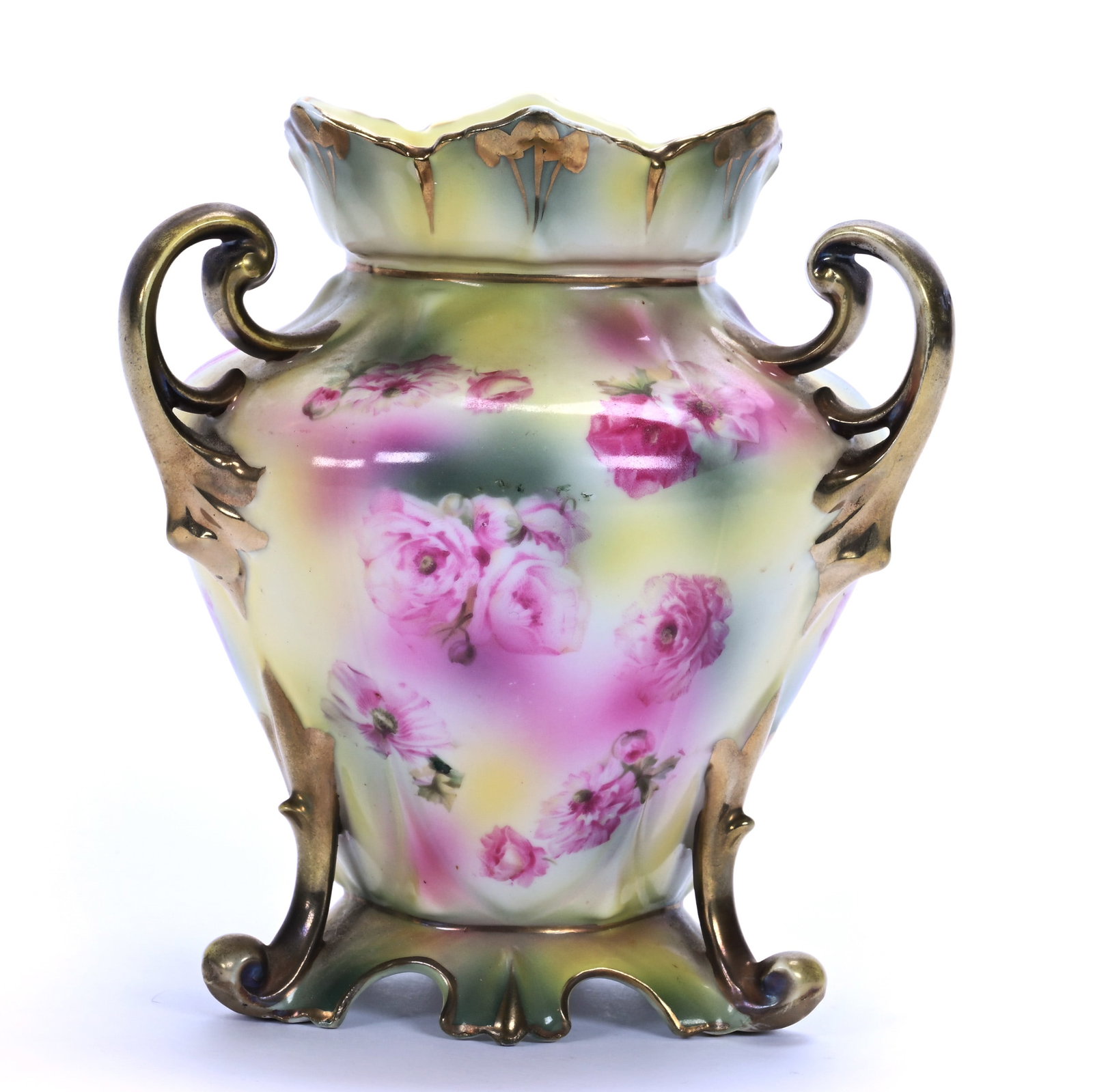 Three Handled Vase Marked R.S. Prussia: Three Handled Vase Marked R.S. Prussia, 6.75 x 6 x 6 Inches, Green And Yellow Tones With Pink Poppy Decor And Gold Trim Highlights, 1.2 Pounds, Grady and Annette Hite Collection, North Carolina.
