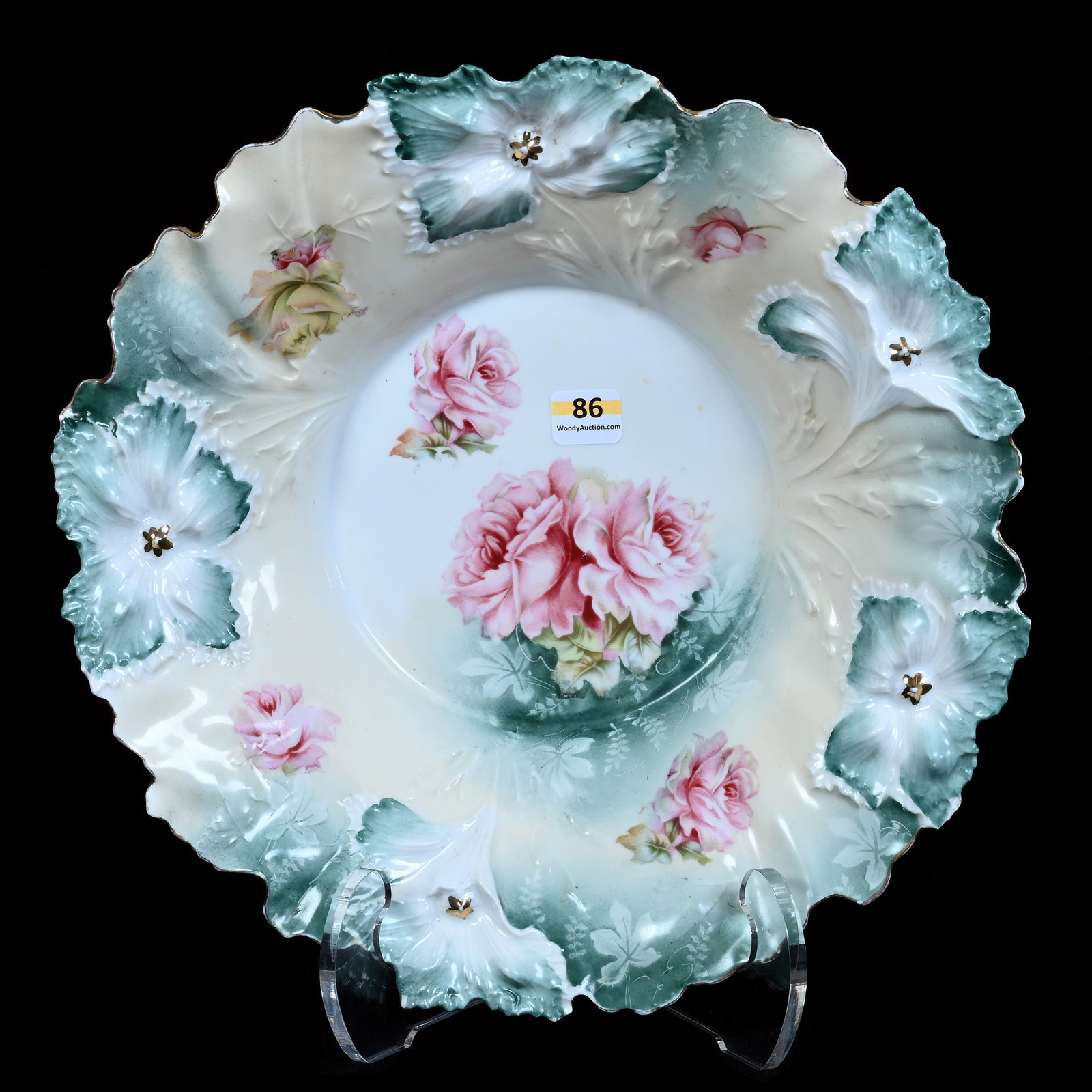 Bowl, Marked R.S. Prussia, Carnation Mold: Bowl, Marked R.S. Prussia, Carnation Mold, 12 x 12 x 3 Inches, Cream, Green, And White Tones With Pink And Yellow Rose Decor, Glaze Nicks On Edge, 1.4 Pounds, Grady and Annette Hite Collection, North