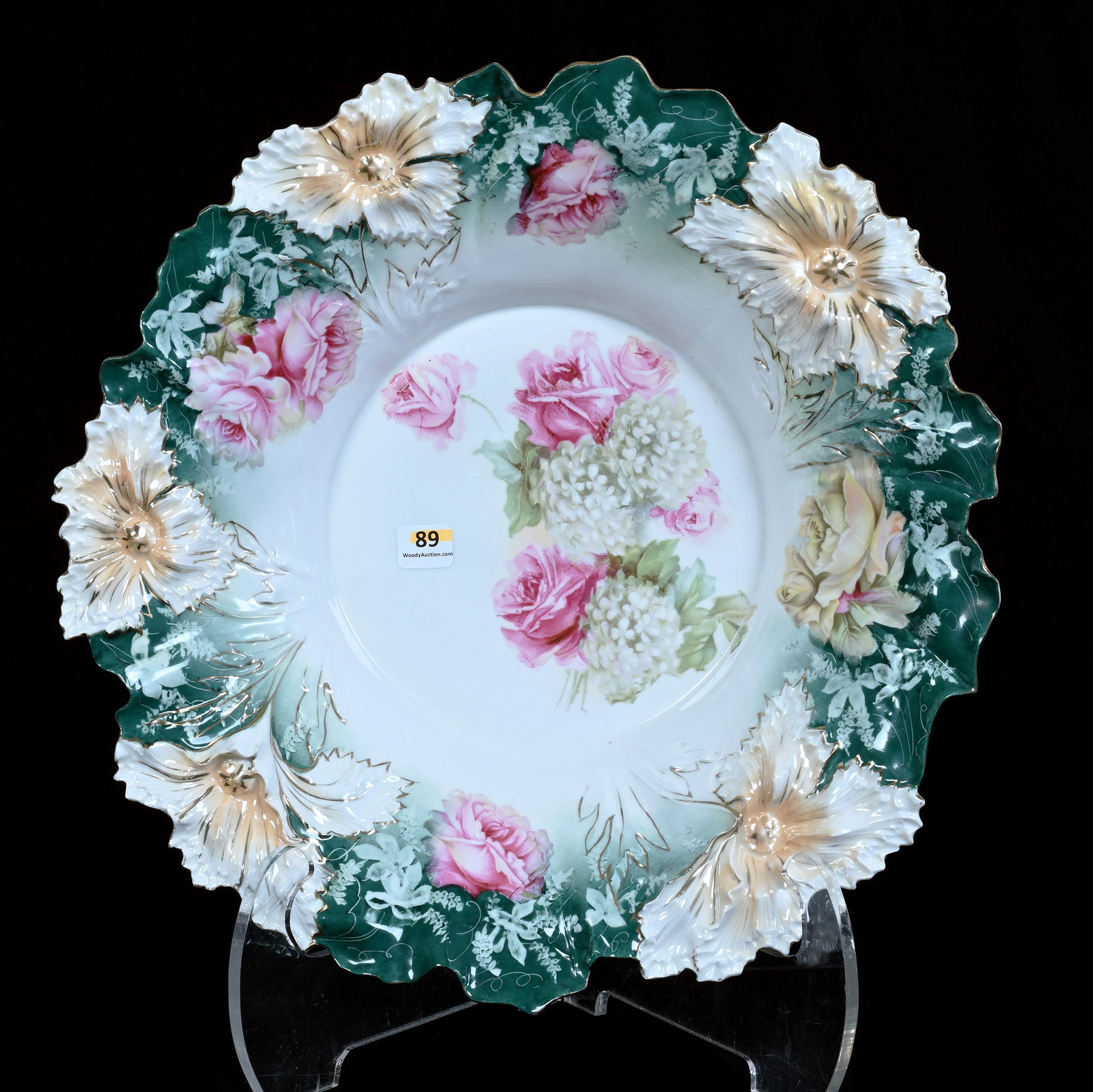 Center Bowl, Marked R.S. Prussia, Carnation Mold: Center Bowl, Marked R.S. Prussia, Carnation Mold, 15 x 15 x 3.75 Inches, Green, Cream, And White Tones With Snowball And Rose Decor, 2.7 Pounds, Grady and Annette Hite Collection, North Carolina.