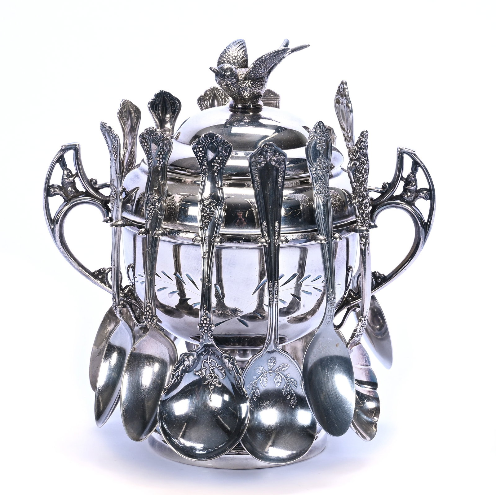 Sugar Bowl Service, Marked Wm A. Rogers Ltd: Sugar Bowl Service, Marked Wm A. Rogers Ltd, 8 x 7.5 x 5.5 Inches, Figural Bird Finial And Squirrel Handle Cutouts, Sells With (6) Miscellaneous Silverplate Spoons, 1.9 Pounds, Grady and Annette Hite