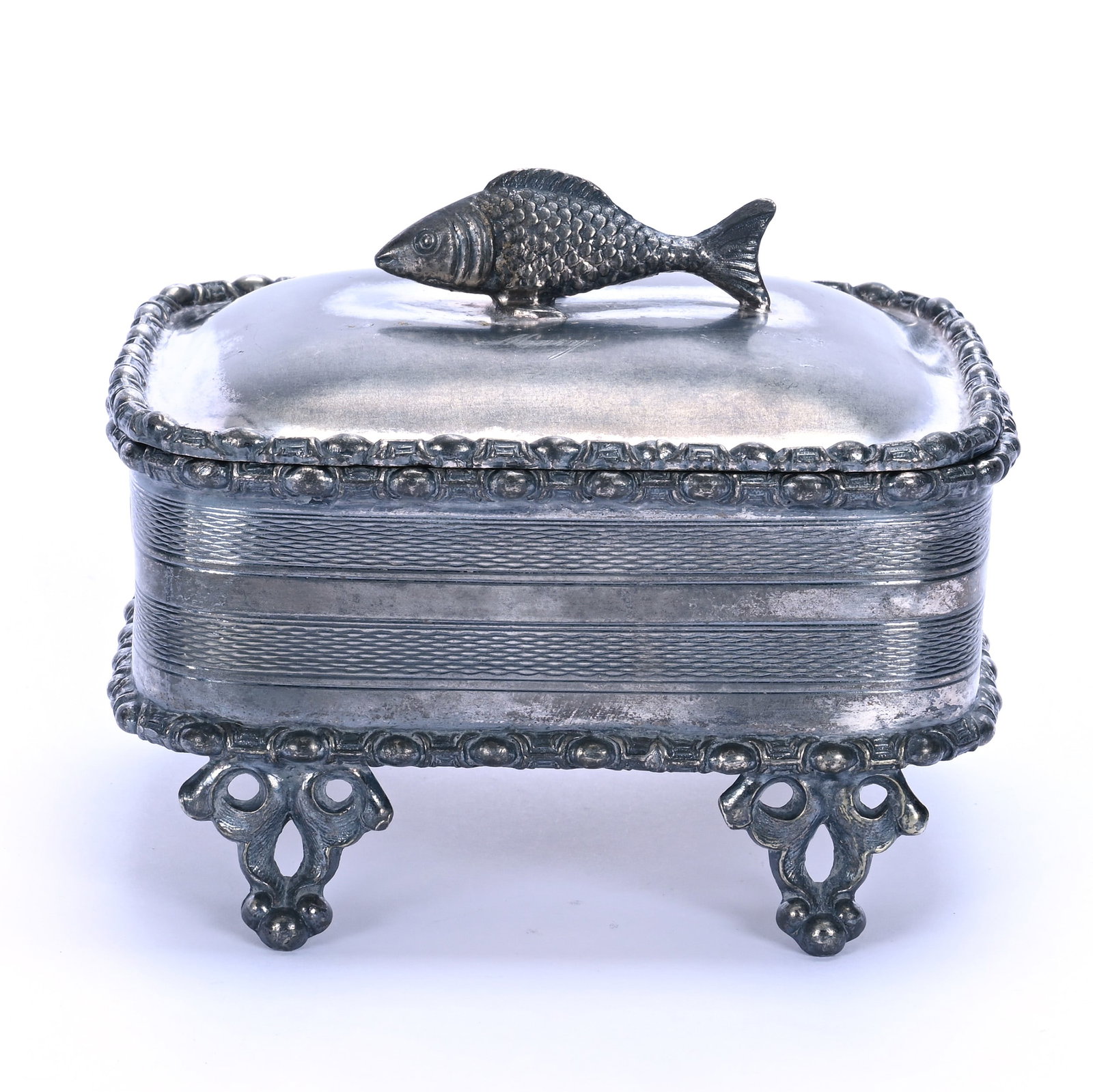 Victorian Silverplate Sardine Box: Victorian Silverplate Sardine Box, 4.25 x 5.5 x 5 Inches, Figural Sardine Finial, Marked Roswell Gleason & Sons, 1.1 Pounds, Grady and Annette Hite Collection, North Carolina. Effective 6/6/26, All