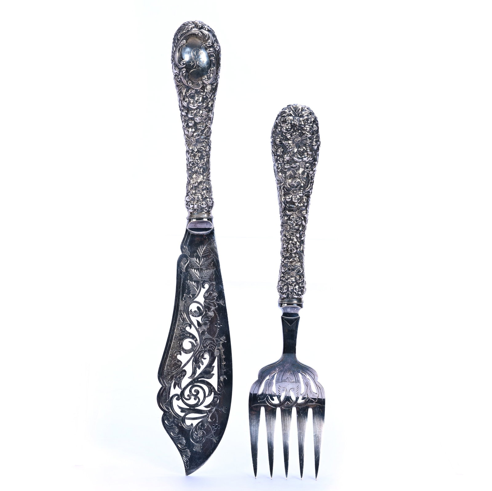 Fish Fork And Knife Set, Rose Pattern By Kirk Stieff: Fish Fork And Knife Set, Rose Pattern By Kirk Stieff, 12.25 x 2 x 1 Inches, Handles Are Sterling Silver Repousse, Elaborate Pierced Blade On Knife, Unable To Locate Markings, 0.8 Pounds, Grady and