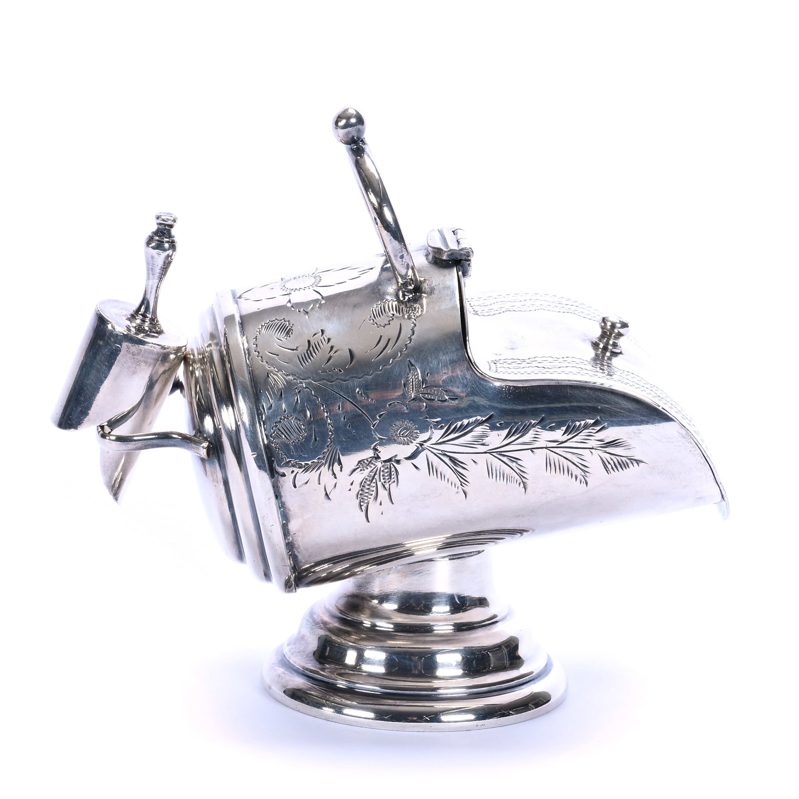 Silverplate Pedestal Figural Sugar, Shaped Like Coal Shuttle: Silverplate Pedestal Figural Sugar, Shaped Like Coal Shuttle, 6 x 6.25 x 3.25 Inches, Marked Made In England But Makers Mark Indistinguishable, Sells With Scoop, 0.8 Pounds, Grady and Annette Hite