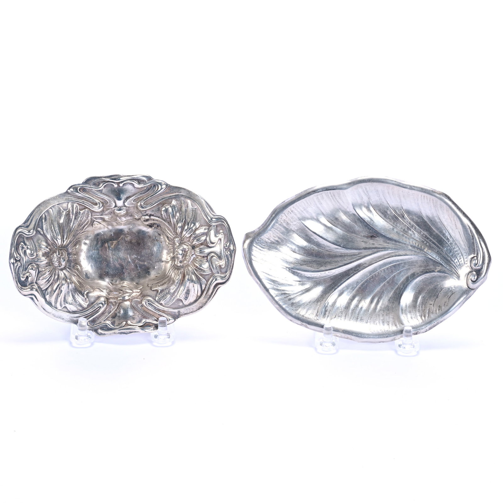 Pair Solid Sterling Trays: Pair Solid Sterling Trays, 6.25 x 4 x 1 Inches, (1) Leaf Design Marked Poole Model #410, (1) Embossed Floral Design Marked Gorham Model #A3743M4, 140 Grams, Grady and Annette Hite Collection, North