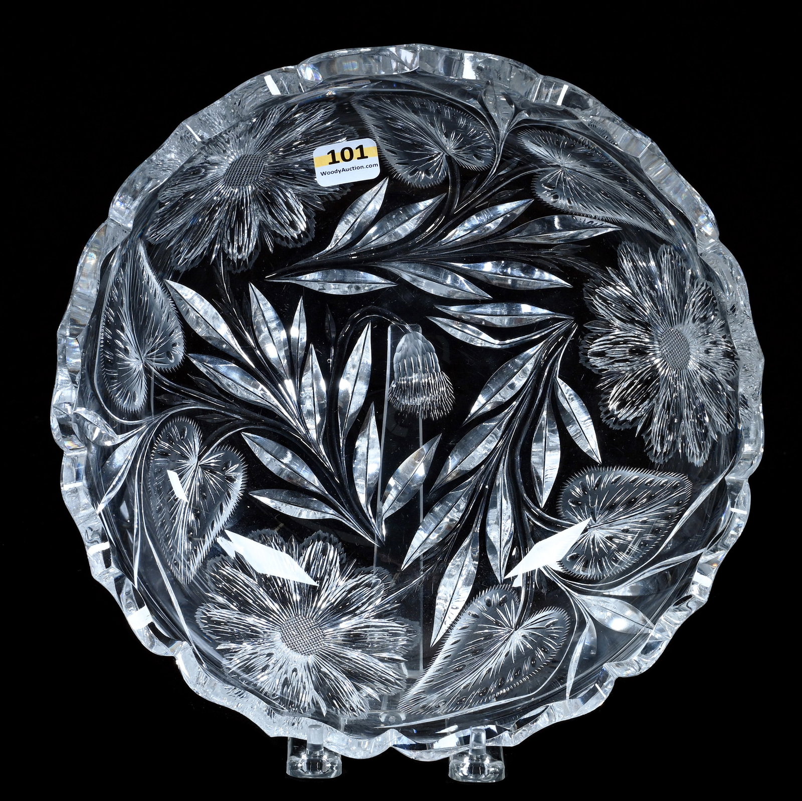 Bowl, American Brilliant Cut Glass: Bowl, American Brilliant Cut Glass, 9.75 x 9.75 x 2.5 Inches, Blossom, Thistle, And Leaf Design, Extra Clear Blank, Nice Example, 4.6 Pounds, Grady and Annette Hite Collection, North Carolina.