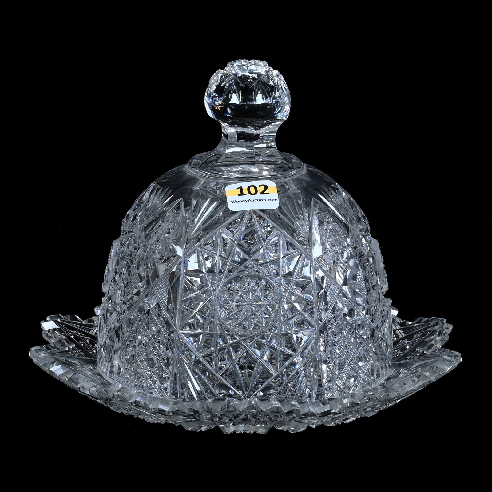 Covered Butter Dish, American Brilliant Cut Glass: Covered Butter Dish, American Brilliant Cut Glass, 6 x 7.75 x 7.75 Inches, Hobstar, Cane, And Fan Motif, Pattern Cut Finial, 3.5 Pounds, Grady and Annette Hite Collection, North Carolina. Effective