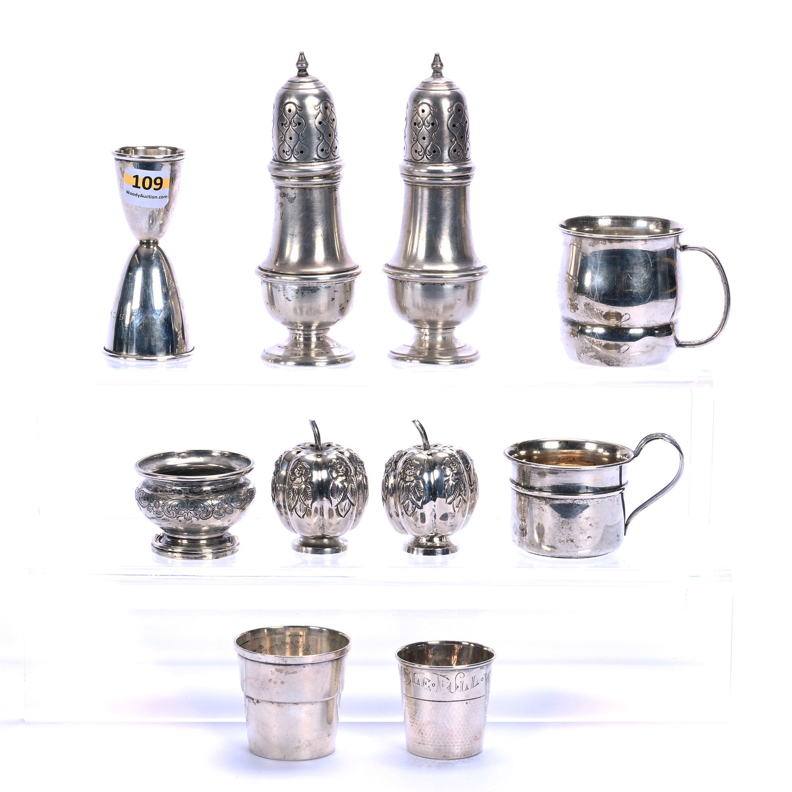 (10) Miscellaneous Sterling Silver Items: (10) Miscellaneous Sterling Silver Items, 5.5 x 2 x 2 Inches, Sizes Range From 5.5" Down To 1.5", (2) Pair Salt And Pepper Shakers, (2) Mugs, (1) Salt Dip, (1) Napier Double Spirits Measure (Jigger),