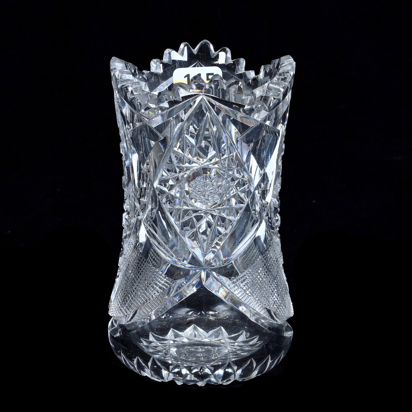 Spooner, American Brilliant Cut Glass: Spooner, American Brilliant Cut Glass, 5.5 x 3.25 x 3.25 Inches, Hobstar, Cane, And Crosscutting Motif, Hobstar Base, Clear Blank, 1.4 Pounds, Grady and Annette Hite Collection, North Carolina. Effect