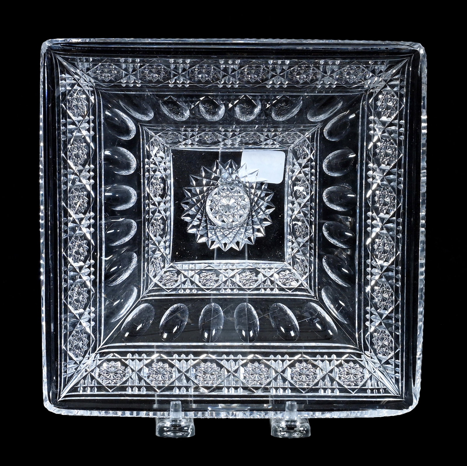 Square Bowl, American Brilliant Cut Glass, Signed Sinclaire: Square Bowl, American Brilliant Cut Glass, Signed Sinclaire, 7.5 x 7.5 x 2.75 Inches, Hobstar Border And Thumbprint Motif, Clear Blank, 2.1 Pounds, Grady and Annette Hite Collection, North Carolina.