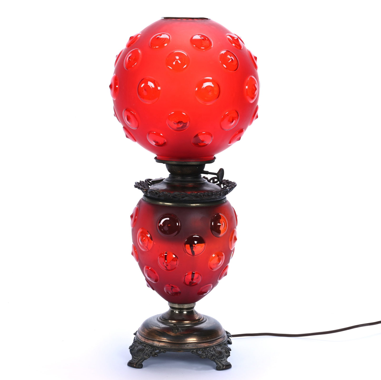 Gone With The Wind Lamp: Gone With The Wind Lamp, 24 x 10 x 10 Inches, Red Satin Bulls Eye Pattern By Pittsburgh, Electrified, 9.8 Pounds, Grady and Annette Hite Collection, North Carolina. Effective 6/6/26, All