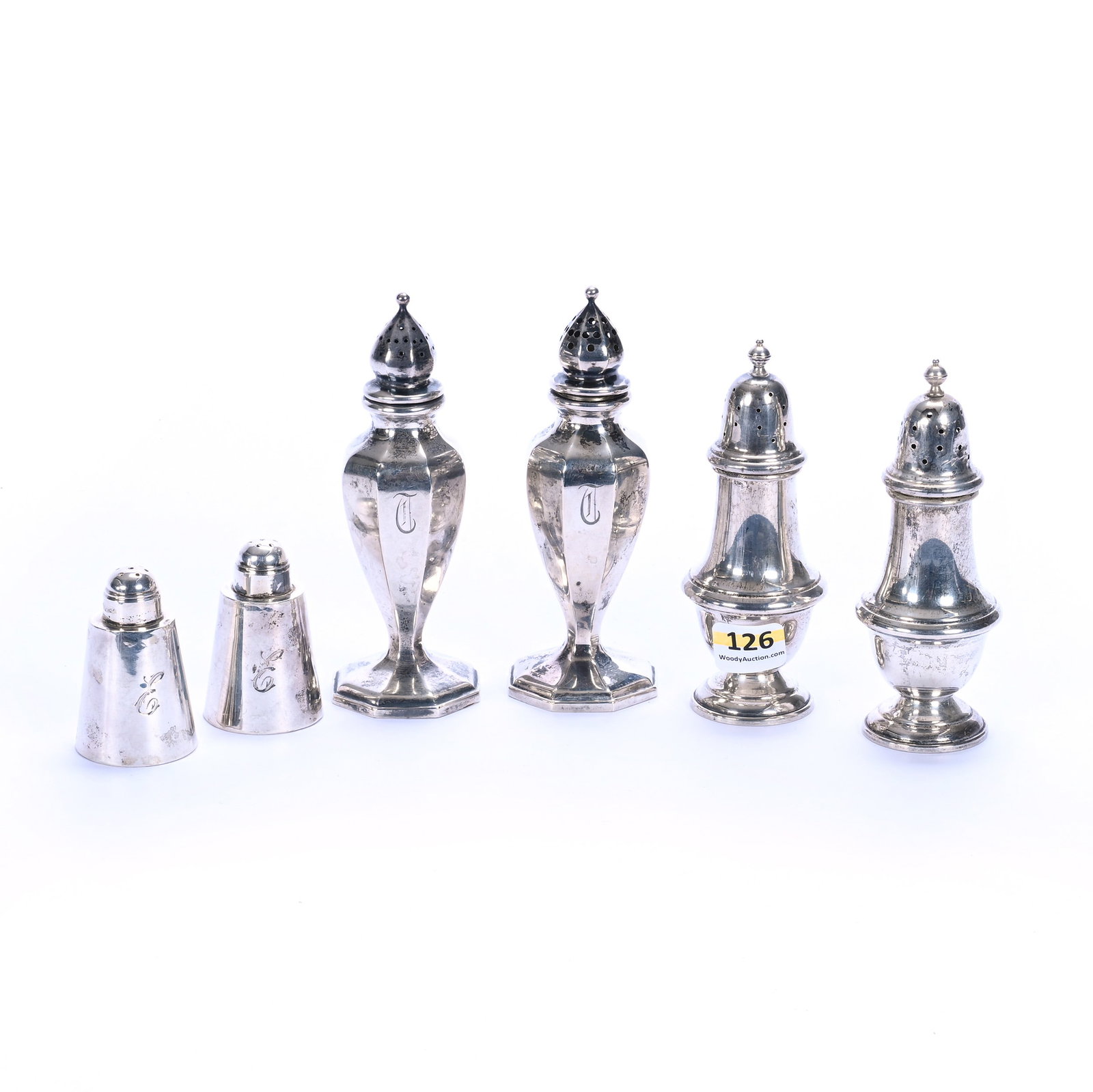 (3) Pair Sterling Silver Salt And Pepper Shakers: (3) Pair Sterling Silver Salt And Pepper Shakers, 5 x 2 x 2 Inches, (1) 5", Marked Whiting Manufacturing, (1) 4.5", Marked Gorham, And (1) 2.25", Mexican Sterling, 250 Grams, Grady and Annette Hite Co