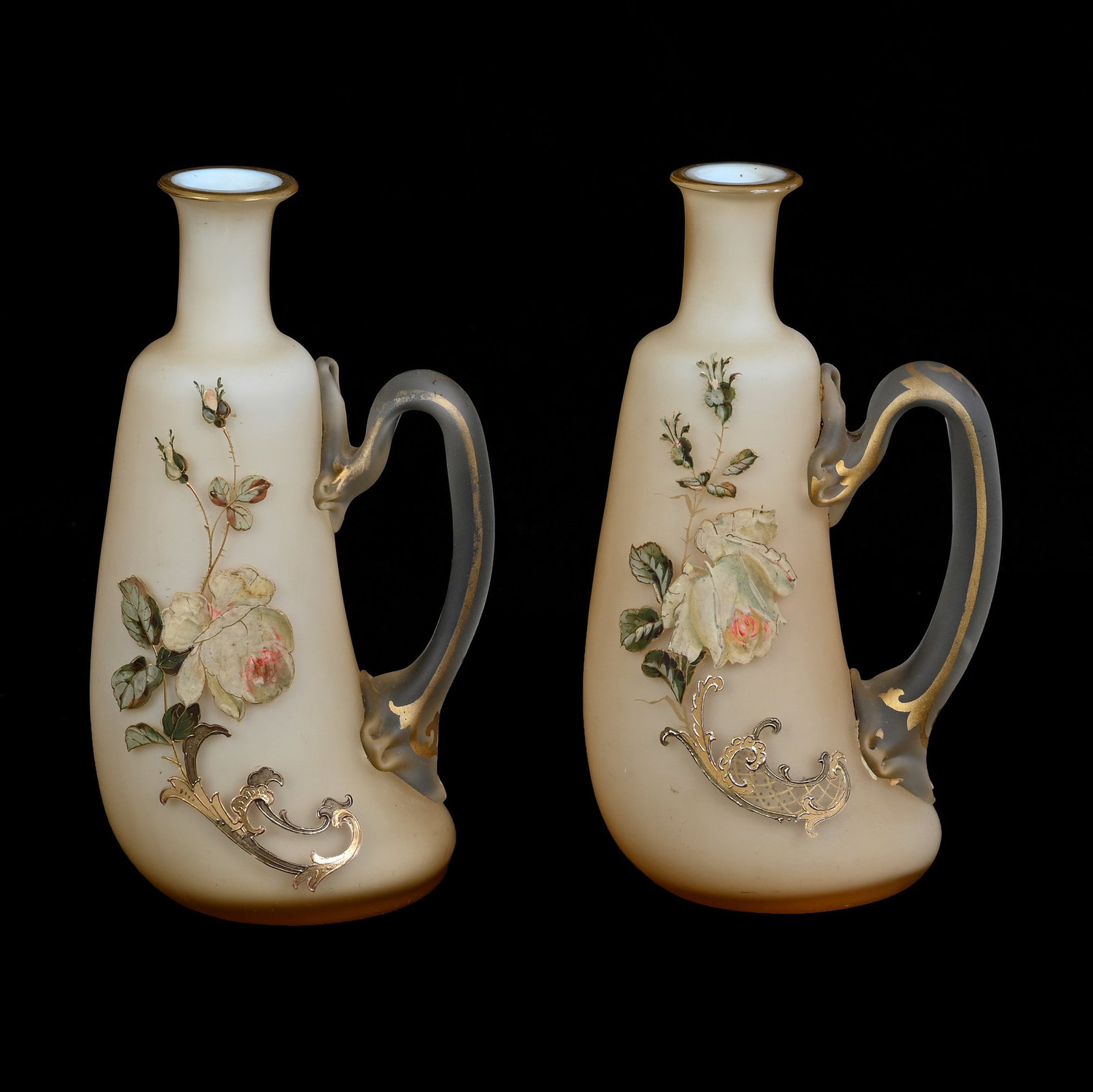 Pair Handled Jugs, Pink Frosted Art Glass: Pair Handled Jugs, Pink Frosted Art Glass, 6.5 x 3.5 x 2.75 Inches, Enameled Rose Decor, Applied Frosted Handle, Unique Form, Currently No Stoppers, 1.5 Pounds, Grady and Annette Hite Collection, Nort