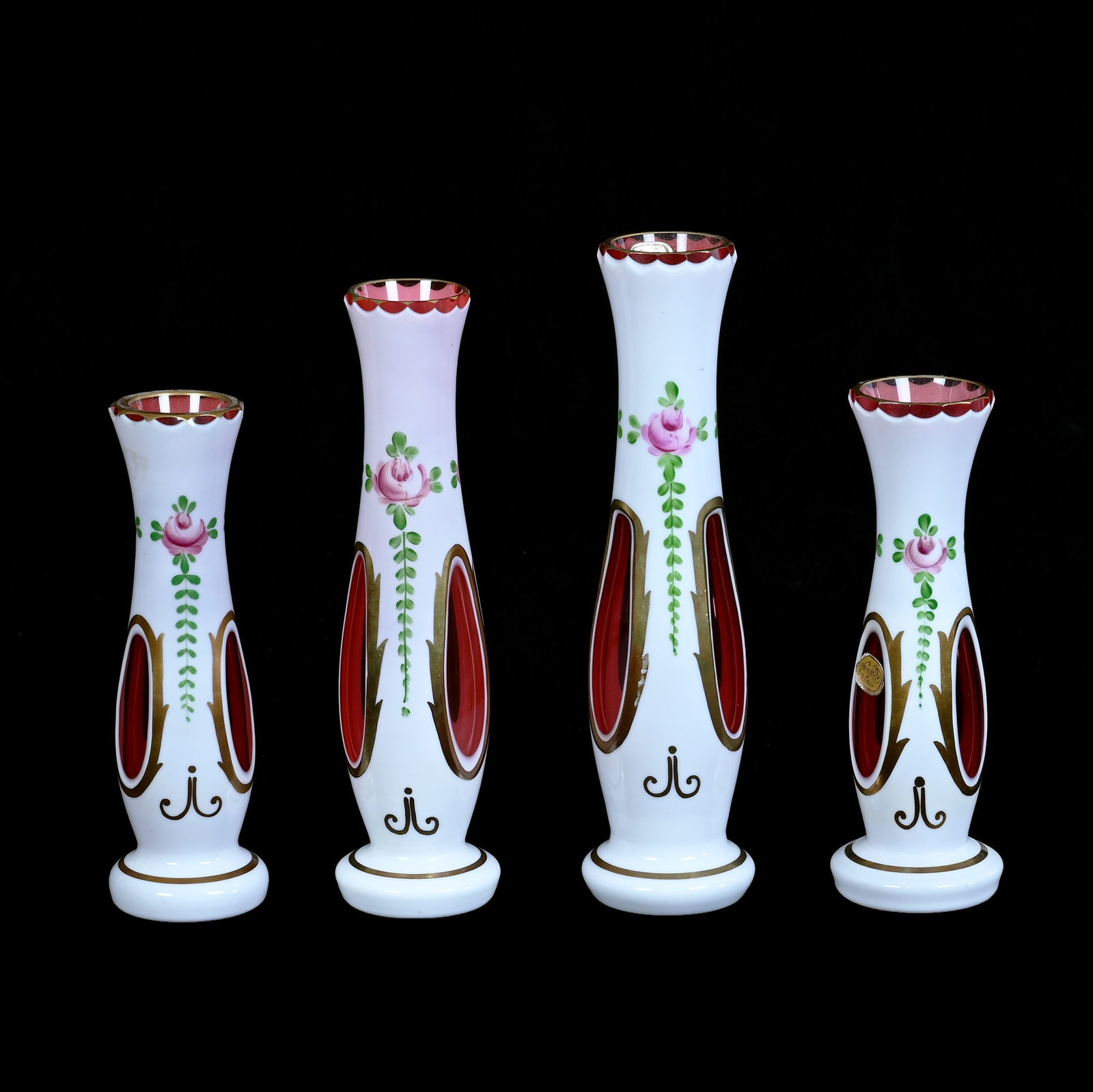 (4) Vases, Bohemian Art Glass: (4) Vases, Bohemian Art Glass, 8 x 2 x 2 Inches, Cranberry With White Cutback Overlay, Pink Rose Decor, (1) 7.5" And (2) 6.25", 2.1 Pounds, Grady and Annette Hite Collection, North Carolina.