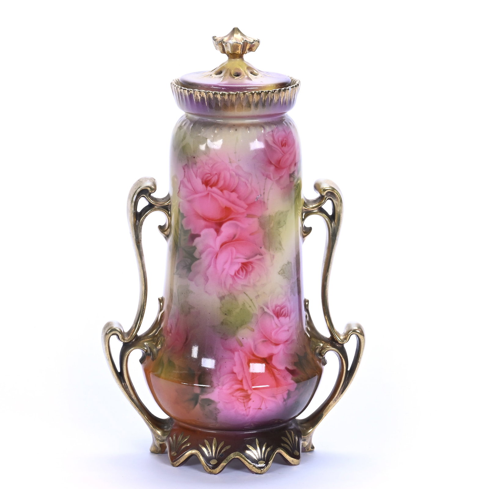 Two Handled Covered Urn, Marked Royal Vienna (R.S. Prussia Style): Two Handled Covered Urn, Marked Royal Vienna (R.S. Prussia Style), 10.25 x 6.25 x 4.5 Inches, Brown, Yellow, And Lavender Tones With Pink Rose Decor, Nice Example, 1.3 Pounds, Grady and Annette Hite
